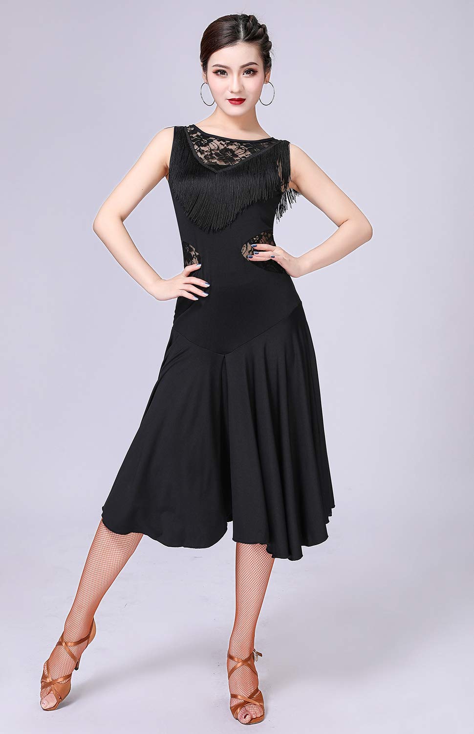 Elegant Ballroom Dance Dresses for Women - Fringed Lace Back Salsa Latin Dance Dress with Built-in Shorts (5 Color Options) | Perfect for Salsa, Latin, Tango & Social Dancing
