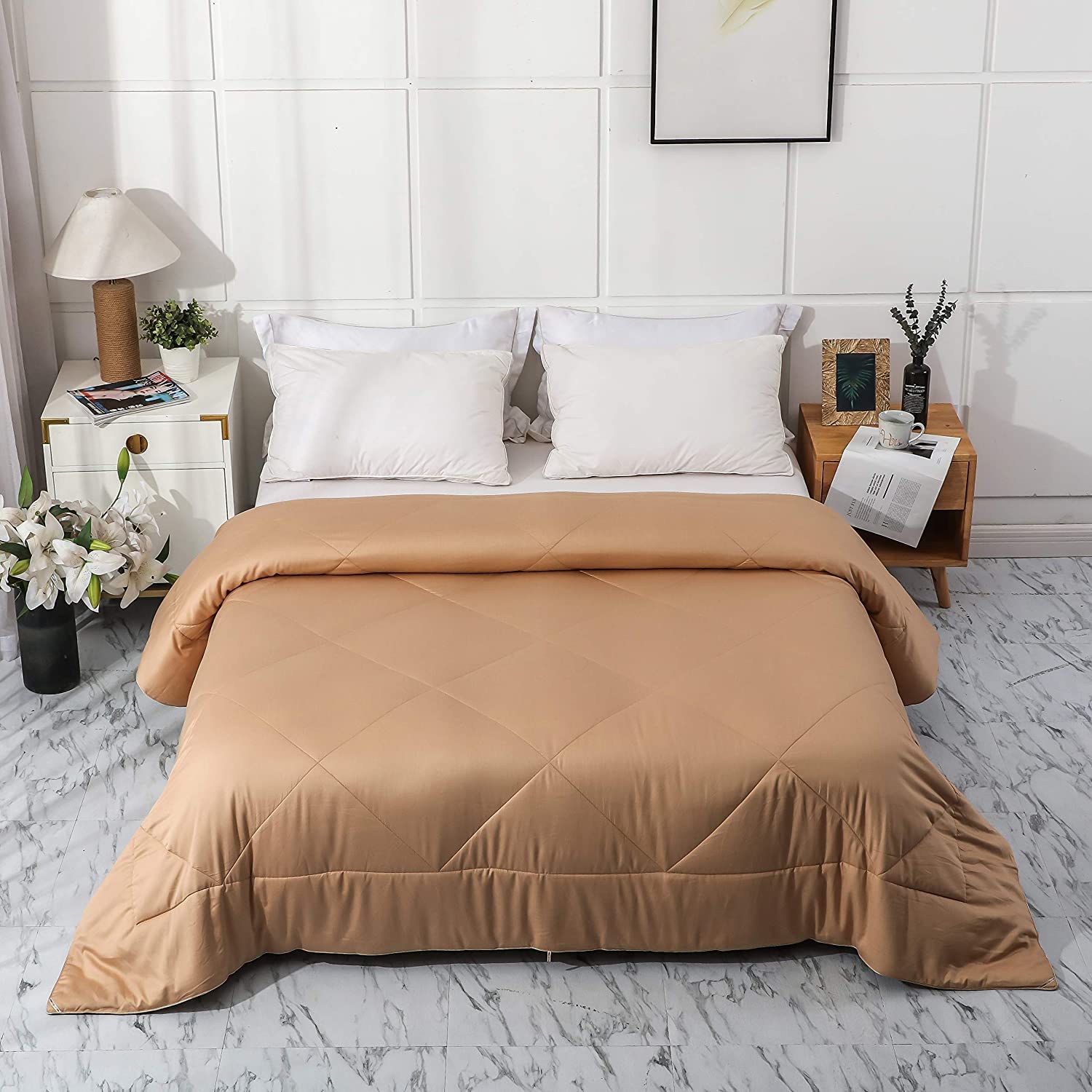 2023 Upgraded Leisurely Collection All Season Comforter - 100% Cotton Lightweight Soft Breathable Fluffy Bed Quilt with Corner Ties - Machine Washable (Gold Earth, Full/Queen Size) - Perfect for Bedroom, Guest Room & Dorm Decor
