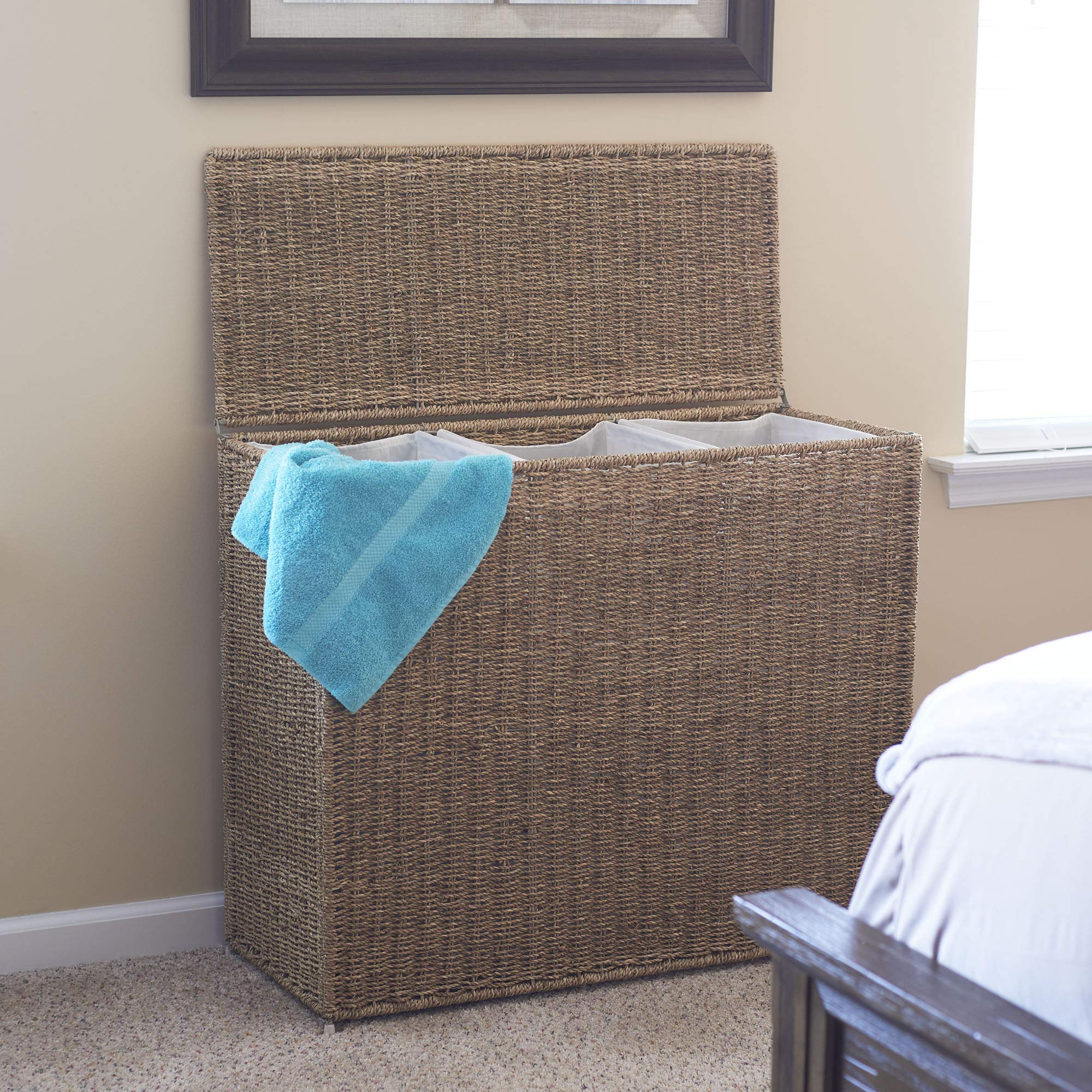 Brown Wicker 3-Compartment Laundry Hamper with Lid | Foldable Clothes Sorter Basket for Bedroom, Bathroom & Laundry Room Organization | ML-5445 Household Essentials