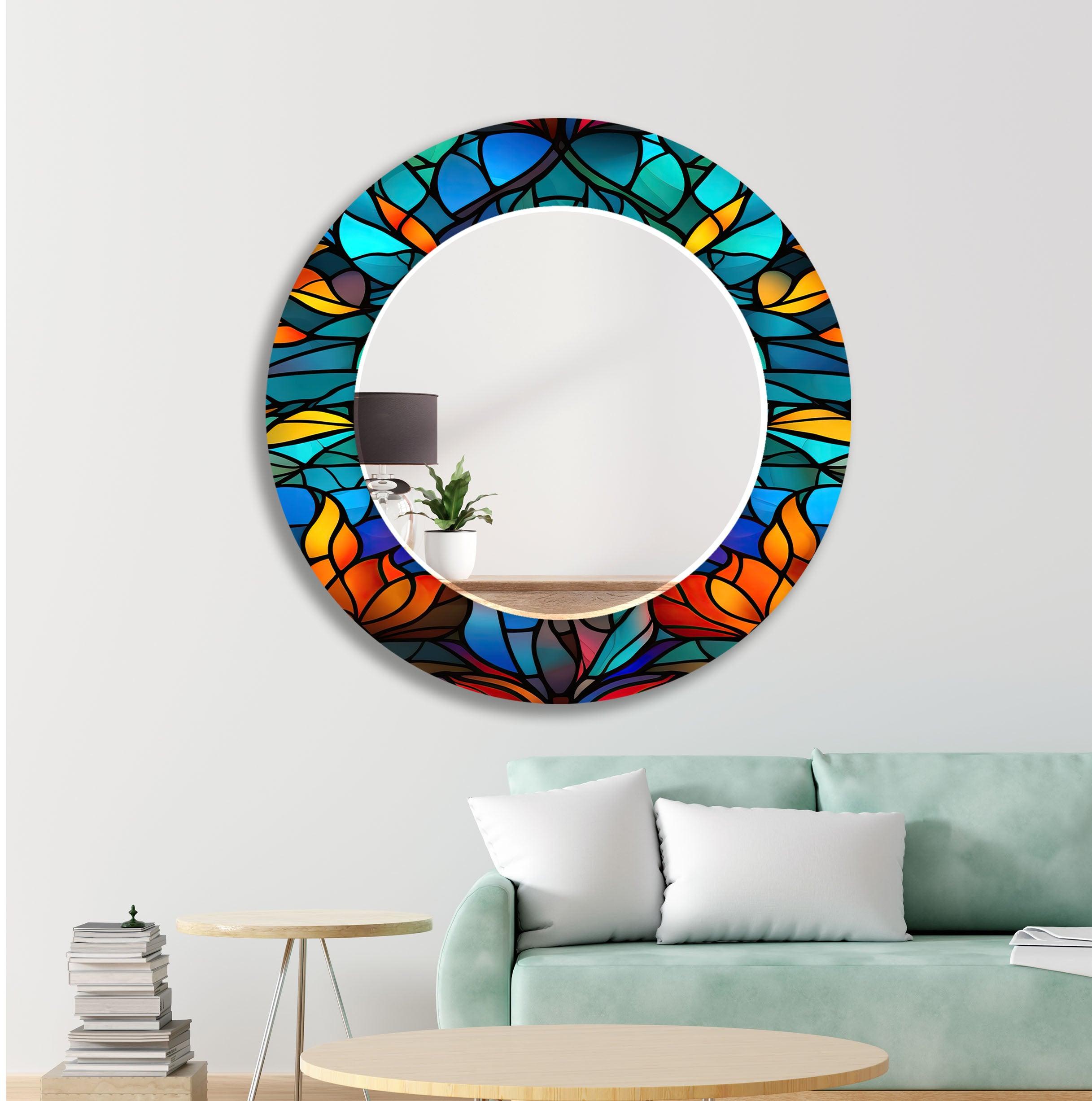 Blue Orange Leaf Wall Mirrors - Decorative Round Mirror for Living Room, Bedroom, Bathroom - Boho Home Decor Accent Piece