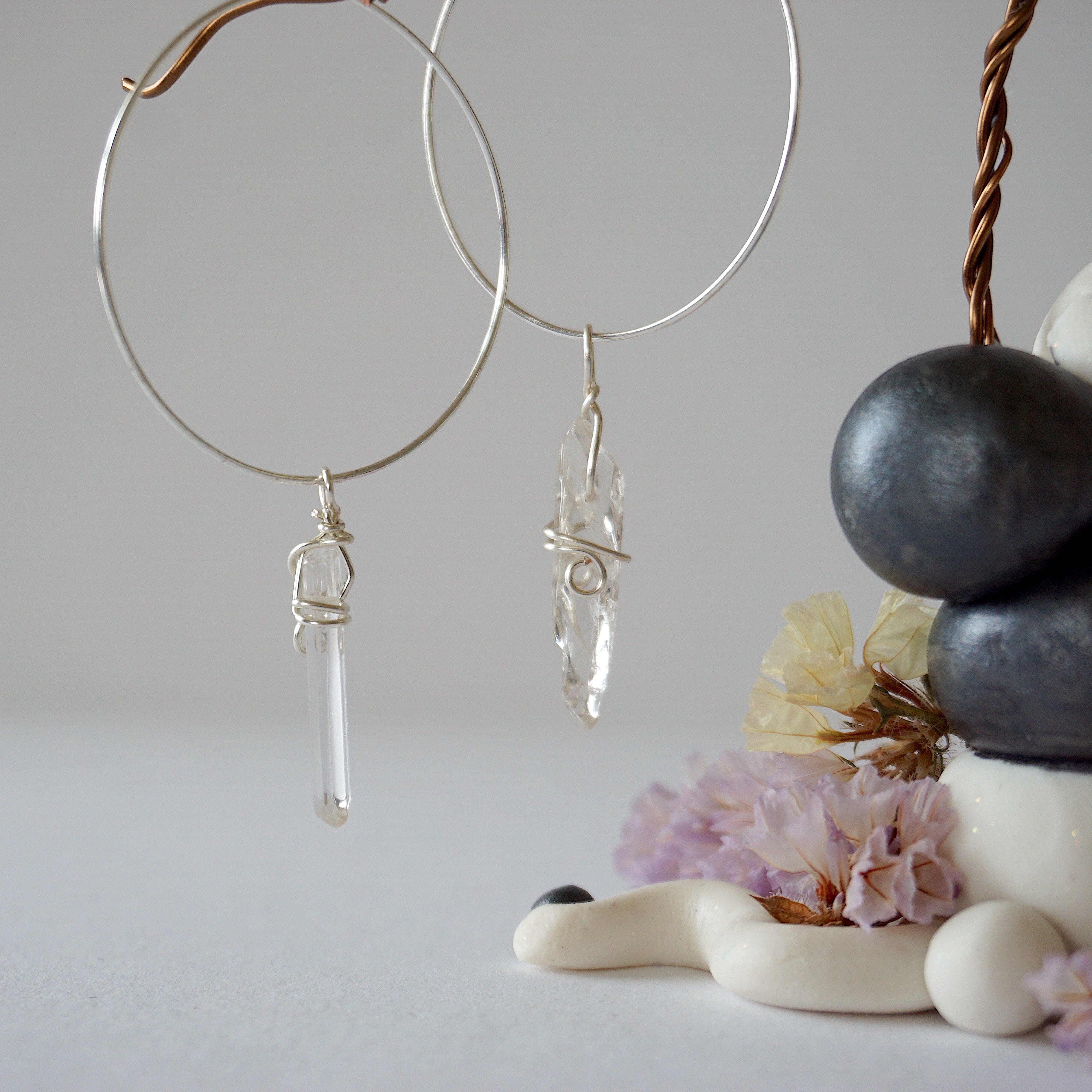Clear Quartz Charm Silver Plated Hoop Earrings for Women - Elegant Dainty Crystal Jewelry for Everyday Wear & Gift Giving
