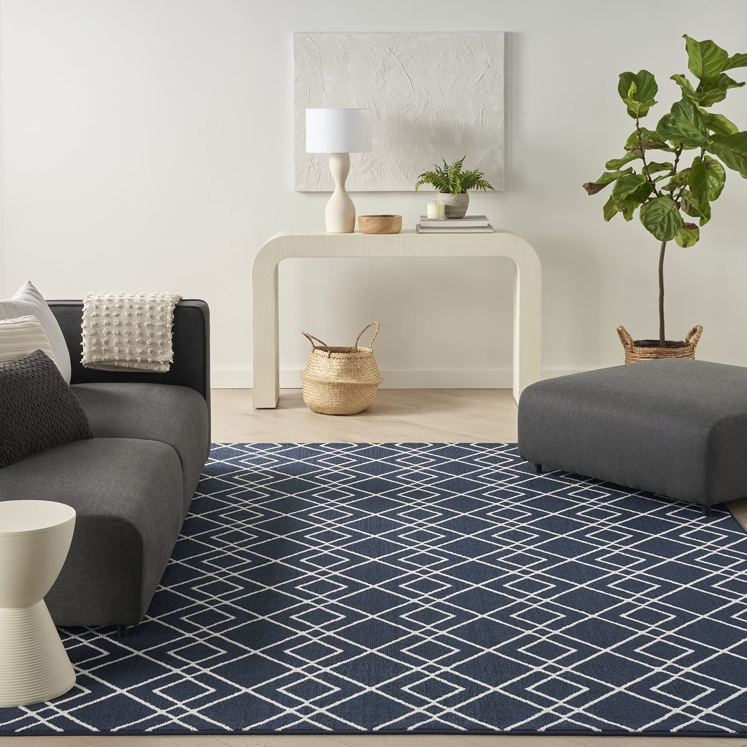 Nourison Modern Geometric Navy Blue 8' x 10' Area Rug - Easy to Clean, Non-Shedding, Soft & Durable - Perfect for Living Room, Bedroom, Dining Room or Kitchen Decor