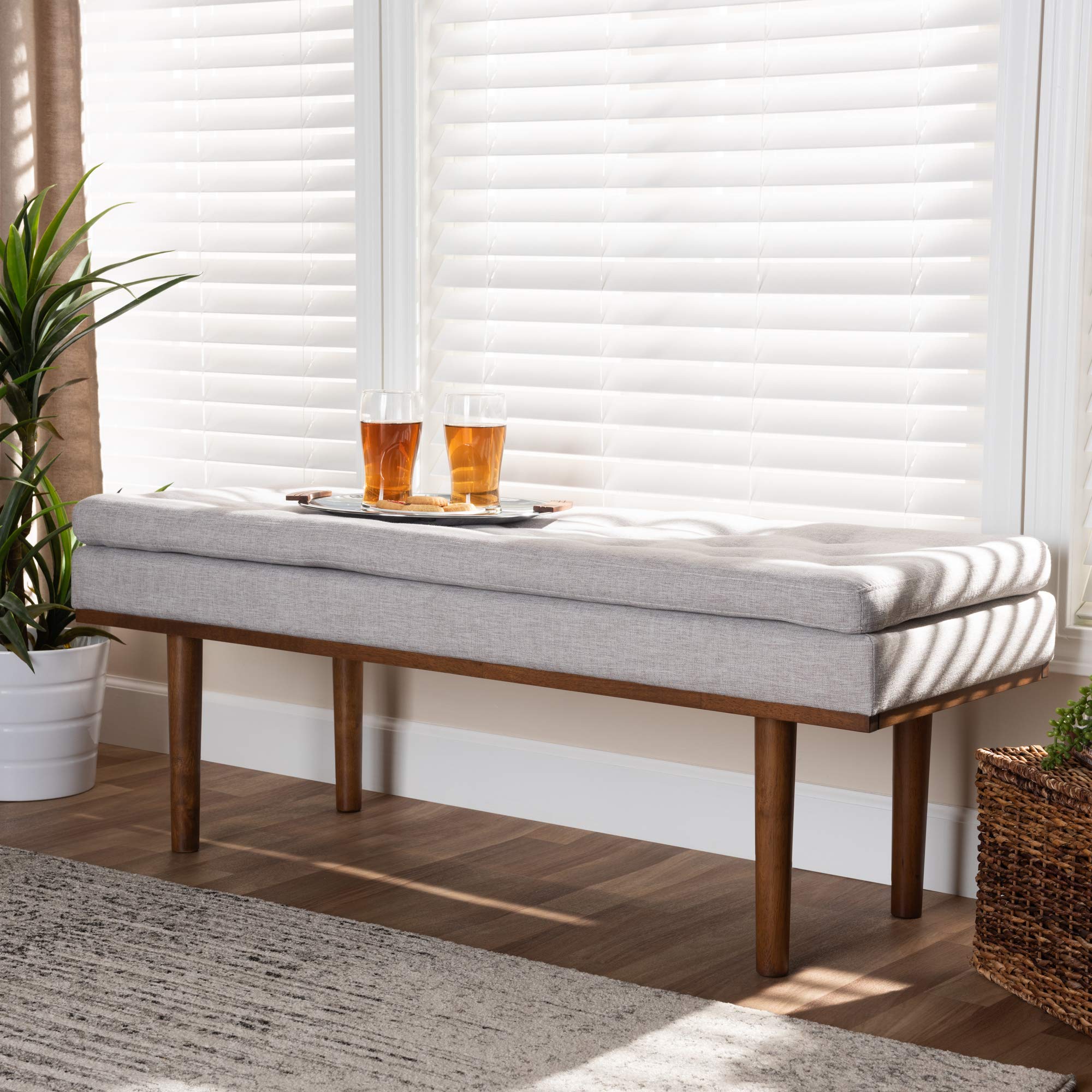 Baxton Studio Modern Upholstered Bench with Walnut Legs, Greyish Beige Fabric - Perfect for Entryway, Bedroom or Living Room Seating