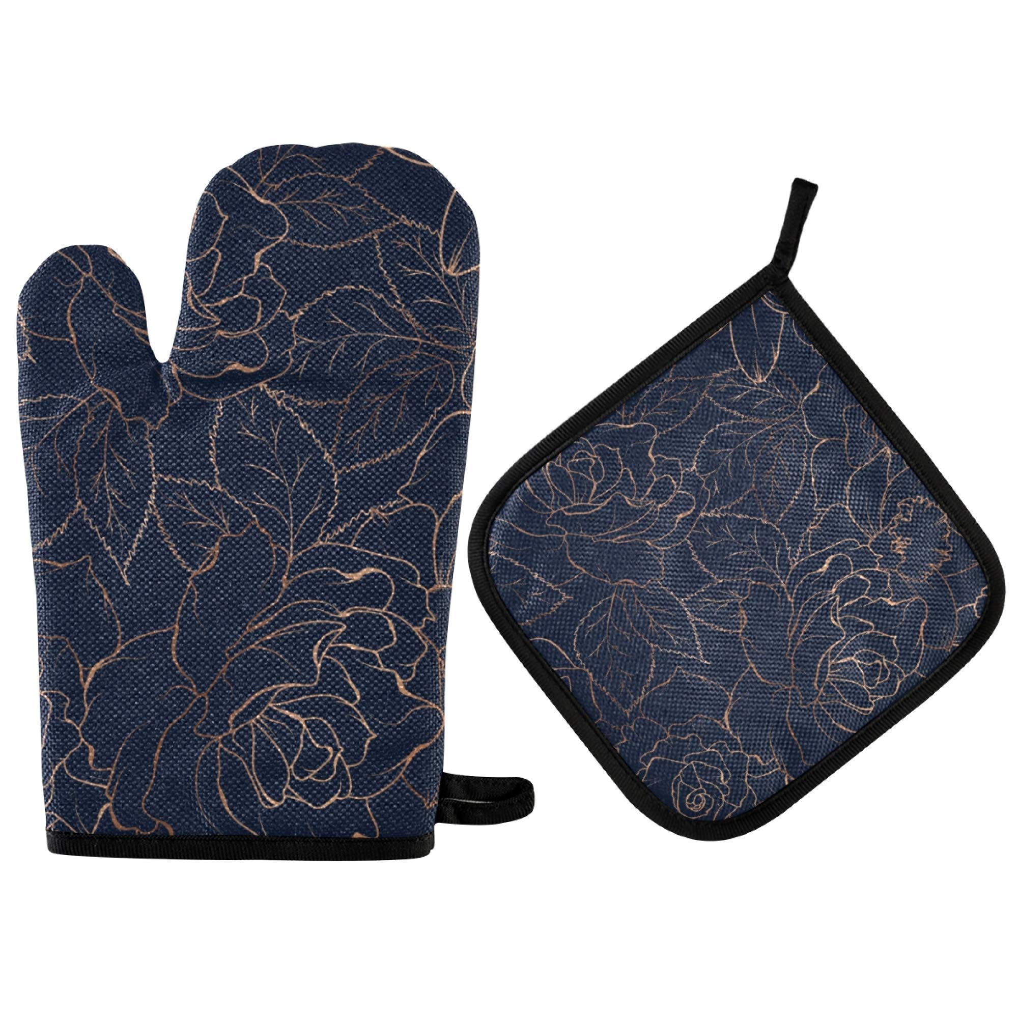 Heat Resistant Oven Mitts and Pot Holders Set - Navy Blue with Copper-Gold Gloss Outline, Waterproof Kitchen Gloves with Soft Cotton Lining for Cooking, Baking, Grilling & Microwave Use - Perfect for Home Chefs & BBQ Enthusiasts