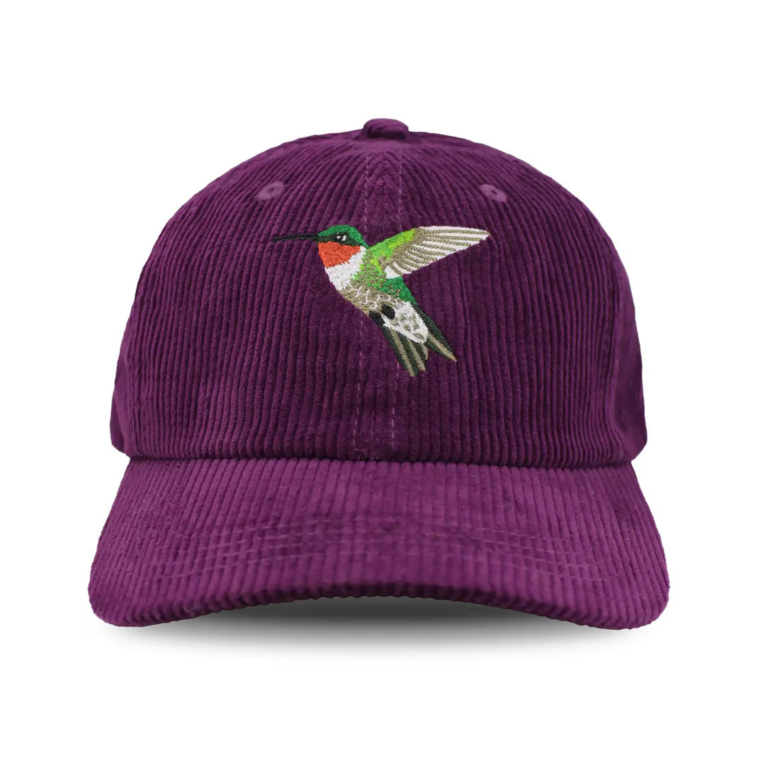 Ruby-throated Hummingbird Corduroy Hat for Women - Mulberry Color Vintage Bird Print Cap - Perfect for Birdwatching, Nature Walks & Outdoor Adventures