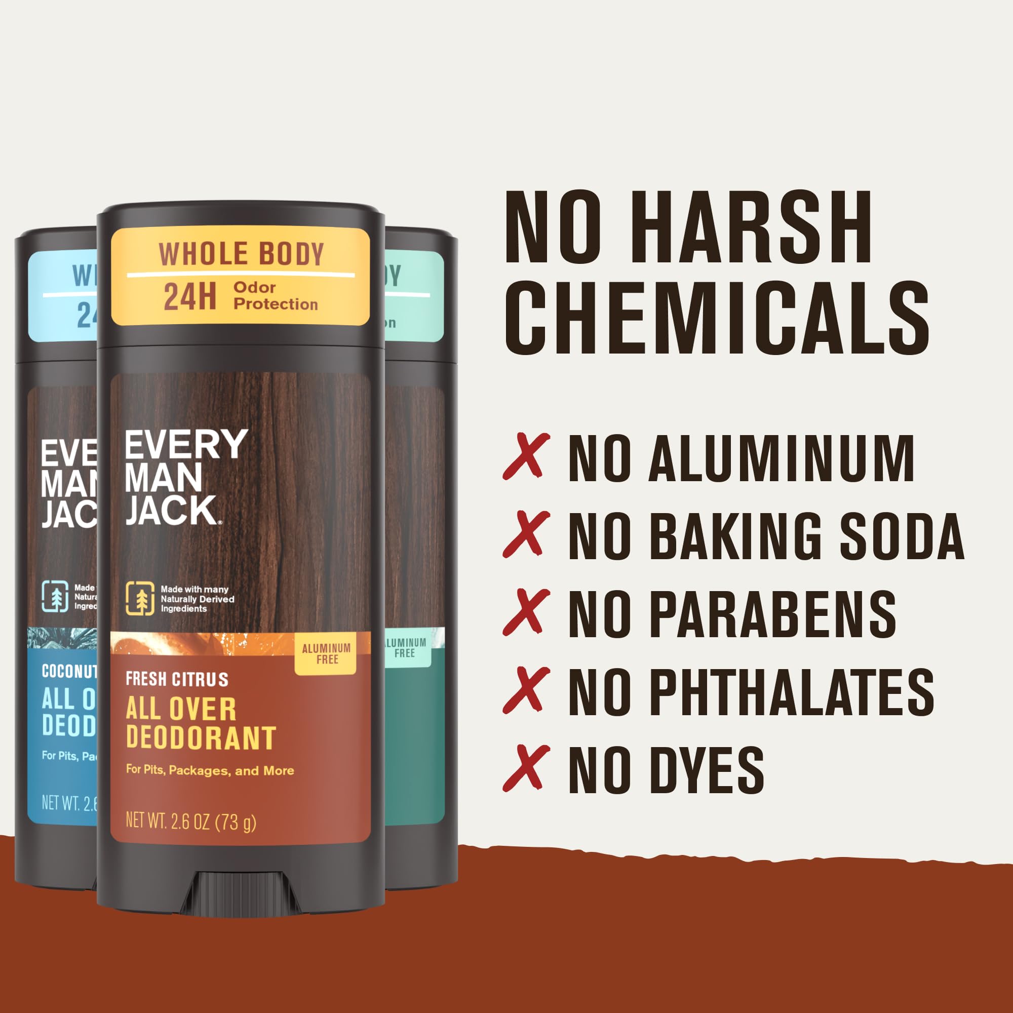 Every Man Jack All Over Deodorant Variety Pack - 24 Hour Aluminum Free Body Odor Protection - 3 Pack (Fresh Citrus, Coastal Surf, Coconut Vanilla) - 2.6 oz Each - Perfect for Gym, Travel & Daily Freshness