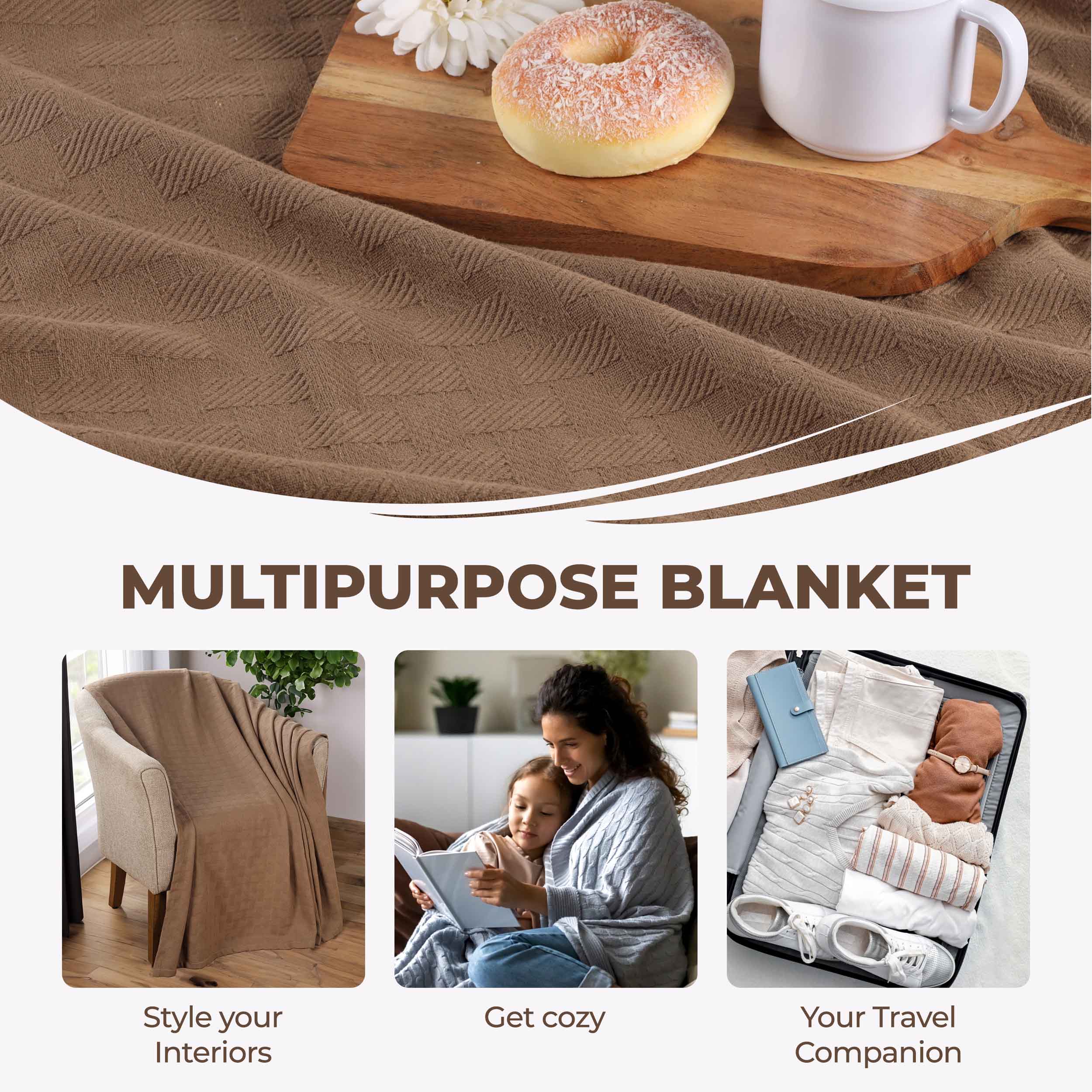Soft Basketweave All-Season Cotton Bed Blanket & Sofa Throw - Lightweight Breathable Blanket for Bedroom, Living Room, Travel and Outdoor Use
