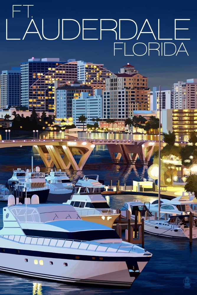 24x36 Signed Ft. Lauderdale Florida Night Scene Art Print - Premium Wall Decor Poster for Living Room, Bedroom & Office | 41844 Master Edition