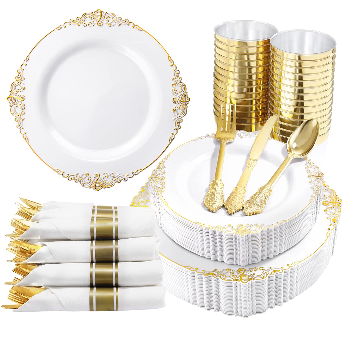 Premium 350-Piece Gold Disposable Dinnerware Set - 100 Elegant Plates, 150 Plastic Silverware, 50 Cups & 50 Napkins - Perfect for Weddings, Parties & Large Gatherings (50 Guests) - Ideal for Outdoor Events, Catering & Special Occasions