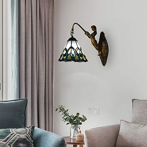 LITFAD Mermaid Wall Sconce with Peacock Tail Tiffany Stained Glass Shade - Decorative LED Wall Lamp for Staircase, Bedroom, Hotel & Restaurant - Perfect for Coastal, Nautical or Mermaid Theme Decor
