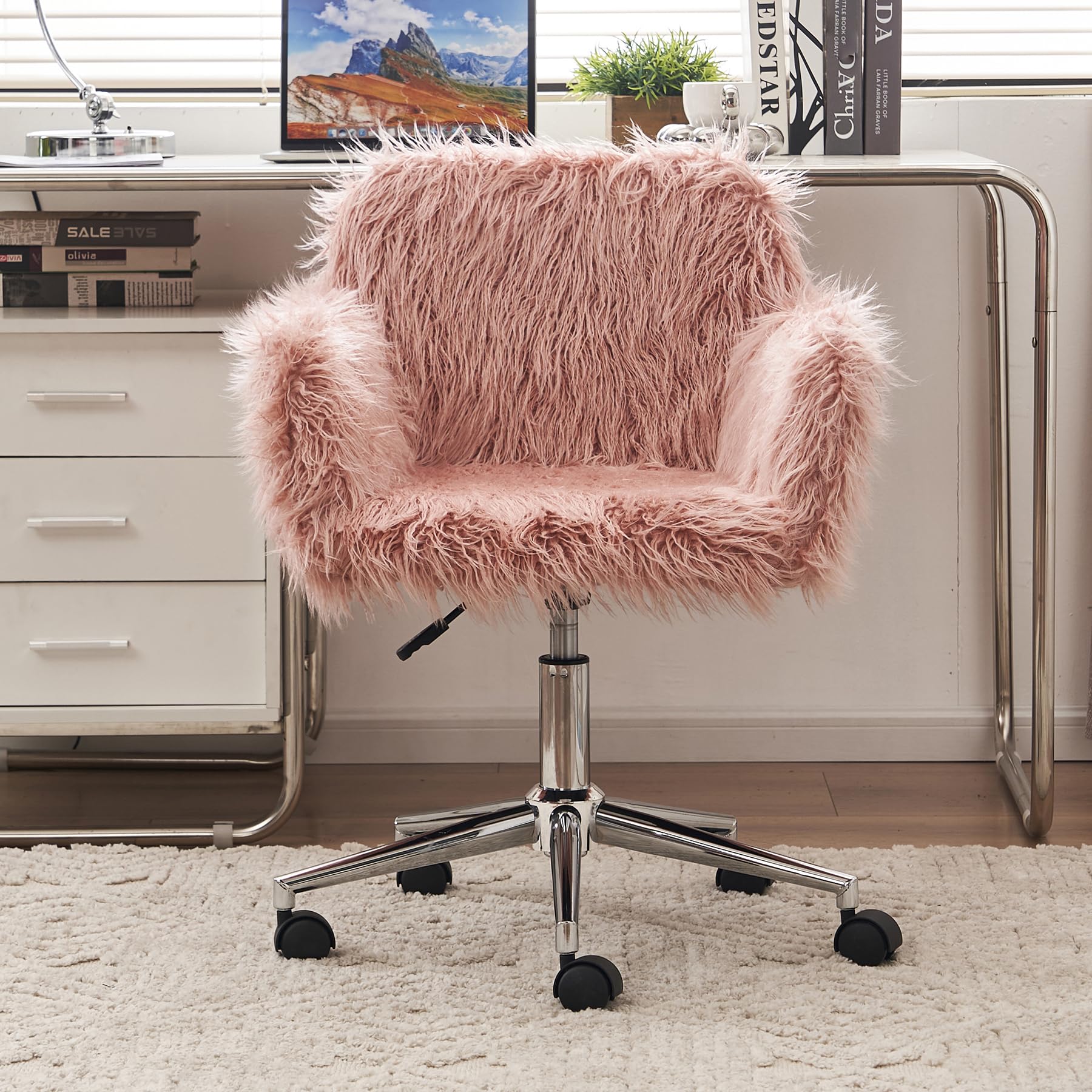 Fluffy Faux Fur Swivel Desk Chair - Adjustable Height Modern Home Office Chair for Women & Girls, Pink Vanity Accent Chair for Bedroom, Living Room & Makeup Room - Perfect for Work, Study and Relaxation