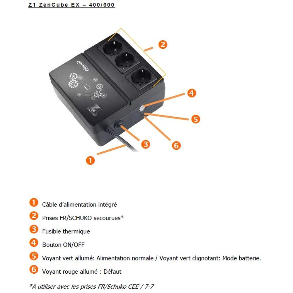 INFOSEC - Z1 Zenergy Cube EX 400VA UPS Battery Backup with 3 Outlets, Surge Protection, Black - Power Supply for Home Office, Router, Modem & Electronics During Outages