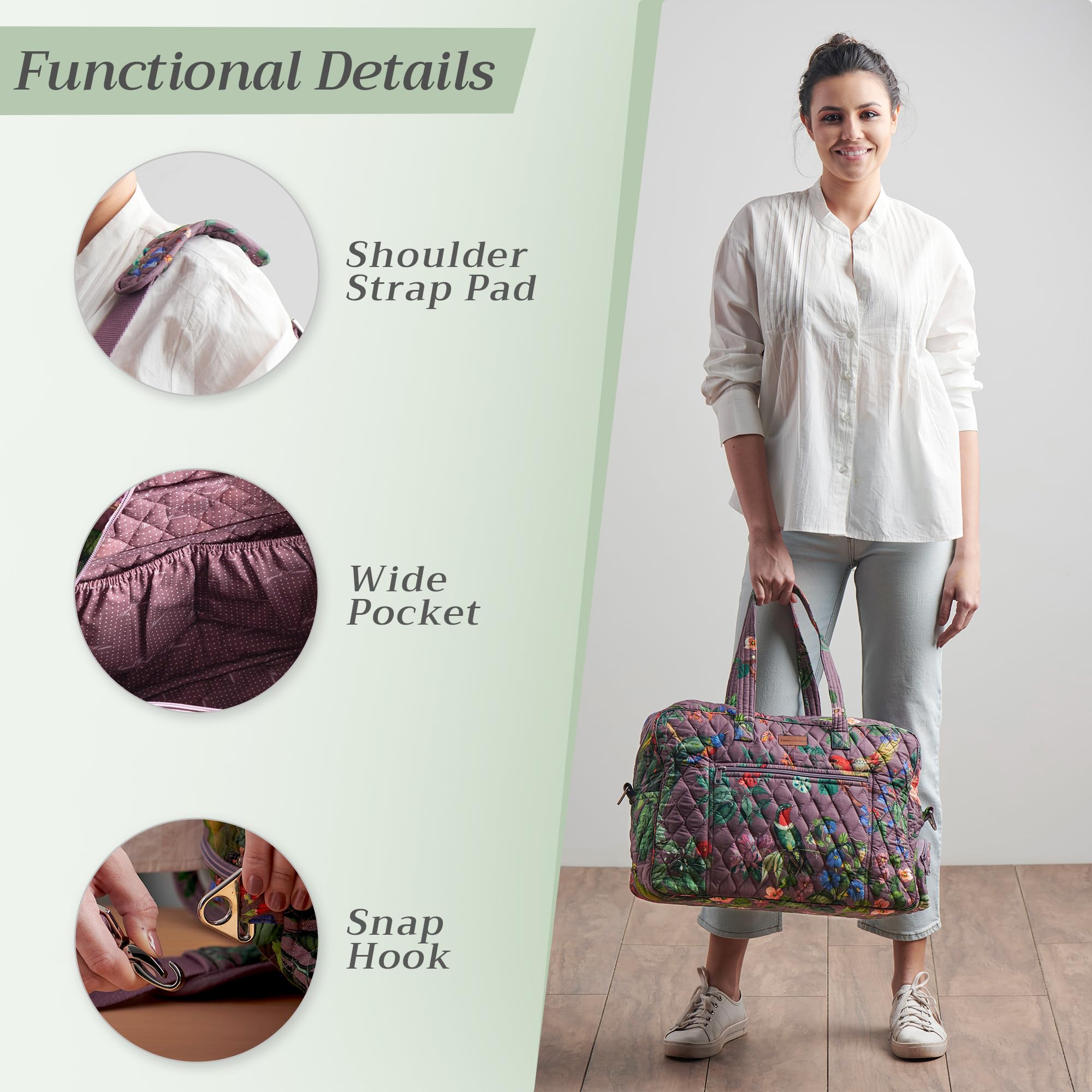 Maison d'Hermine Quilted Cotton Weekender Bag - Durable Overnight Duffel for Travel, Gym & Business | Perfect Gift for Men & Women | Violet (Eden) | Ideal for Weekend Getaways, Business Trips & Family Vacations