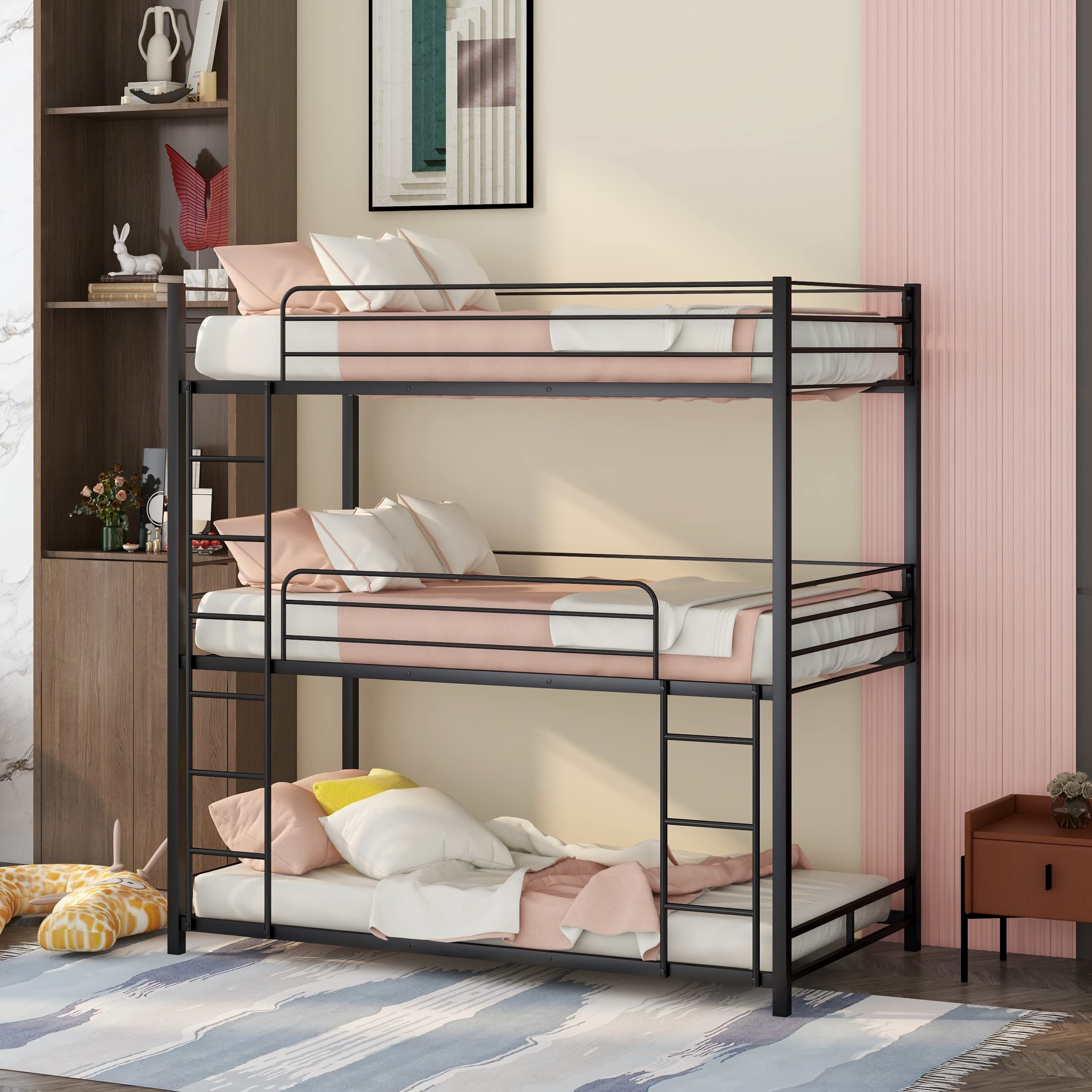 Metal Triple Bunk Bed Twin Size - Twin Over Twin Over Twin Bed Frame with Built-in Ladder & Safety Guardrails for Kids, Teens, Boys & Girls - Space Saving Black Bedroom Furniture for Small Rooms, Dorms, and Shared Kids' Rooms