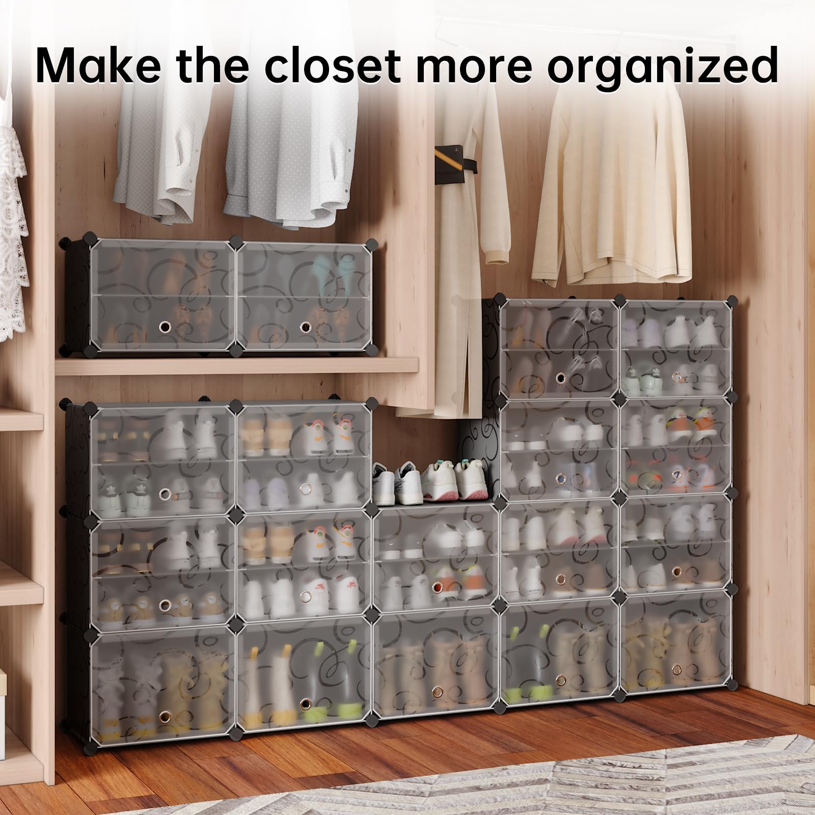MAGINELS 72-Pairs Shoe Storage Cabinet with Doors - Large DIY Plastic Detachable Shoe Rack Organizer for Entryway, Bedroom, Closet (Black) | Space-Saving Shoe Storage Solution for Home Organization