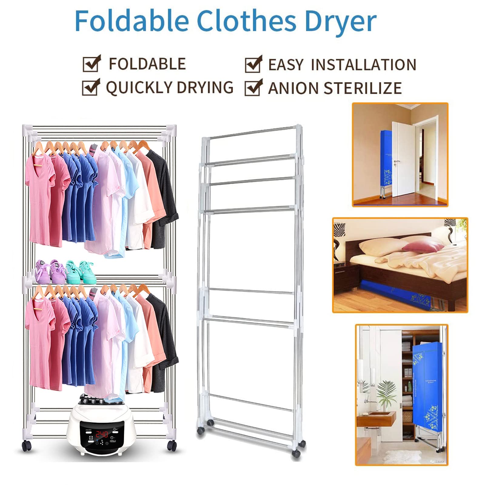 Foldable Electric Heated Clothes Dryer Rack with Remote Control - 2-Tier Stainless Steel Laundry Drying Stand, 1500W Energy Saving, 240min Timer - Perfect for Indoor Use in Living Room, Bedroom & Small Apartments