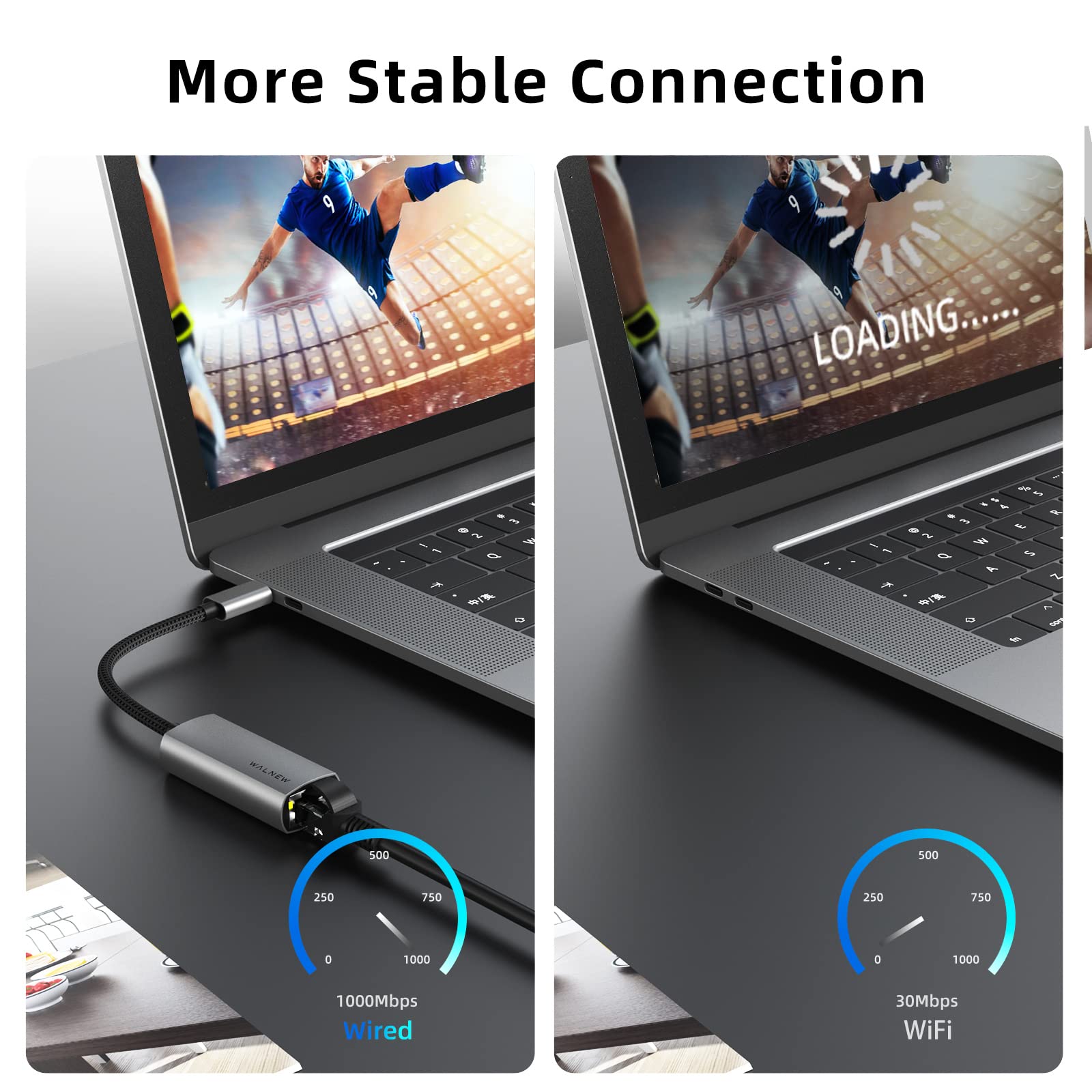 USB-C to Ethernet Adapter, WALNEW USB-C to RJ45 Gigabit LAN Adapter, Thunderbolt 3 Compatible for MacBook Pro/Air, iPad 10th Gen, Dell XPS, Chromebook, Surface, Samsung Galaxy Tab - High-Speed Wired Internet for Home Office, Gaming & Remote Work