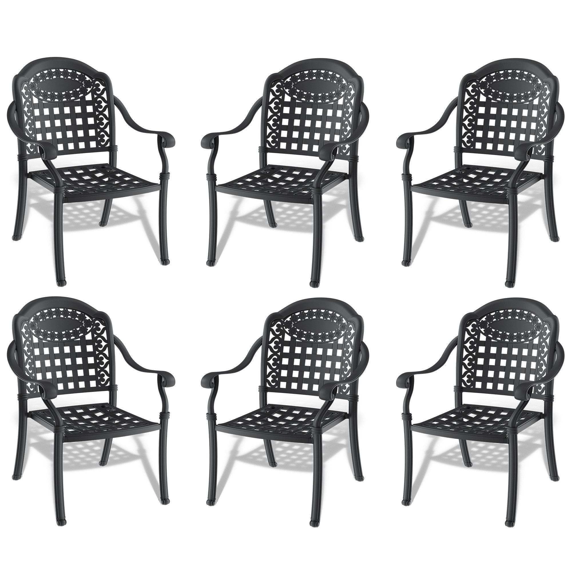 6-Piece Cast Aluminum Patio Dining Chair Set with Black Frame & Cushions - Outdoor Garden Furniture for Backyard, Poolside, and Restaurant Use