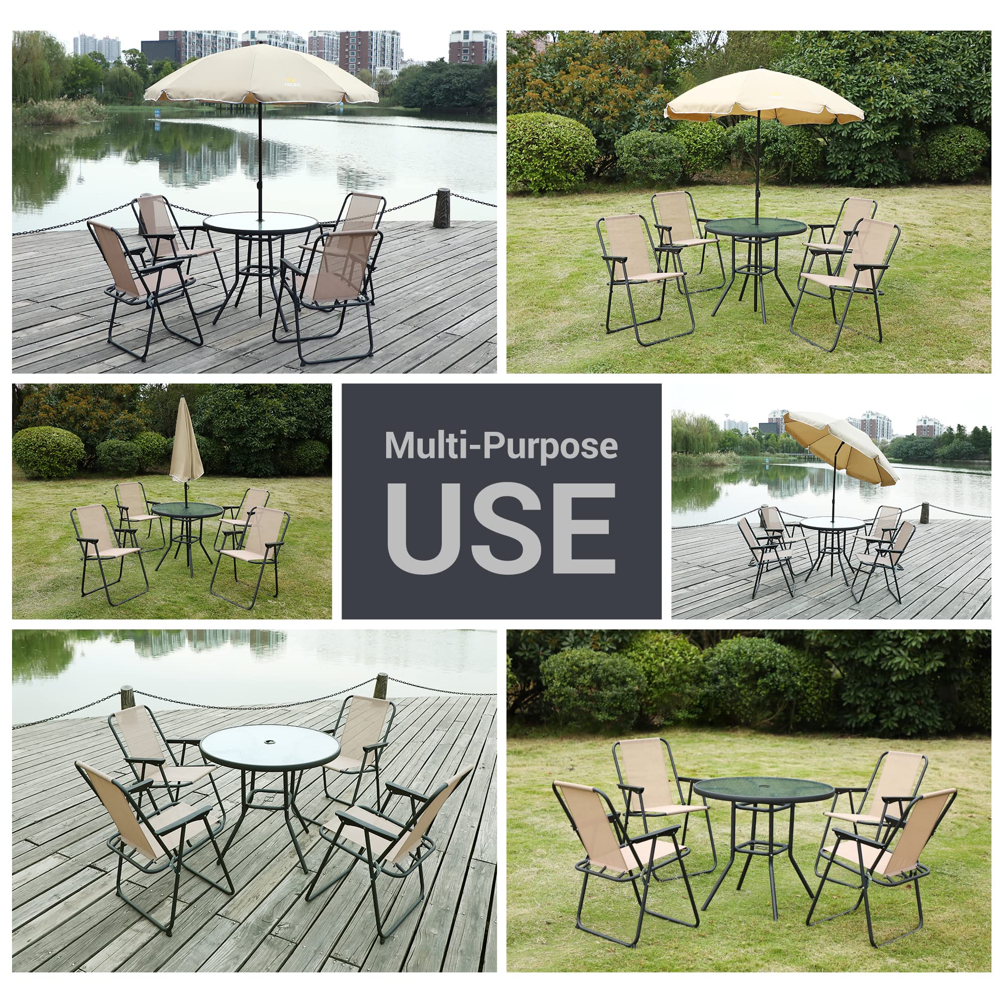 **Premium 6-Piece Outdoor Dining Set - Beige Patio Furniture with Tilted Removable Umbrella, Tempered Glass Table & 4 Foldable Chairs - Perfect for Backyard BBQs, Poolside Gatherings & Garden Parties**