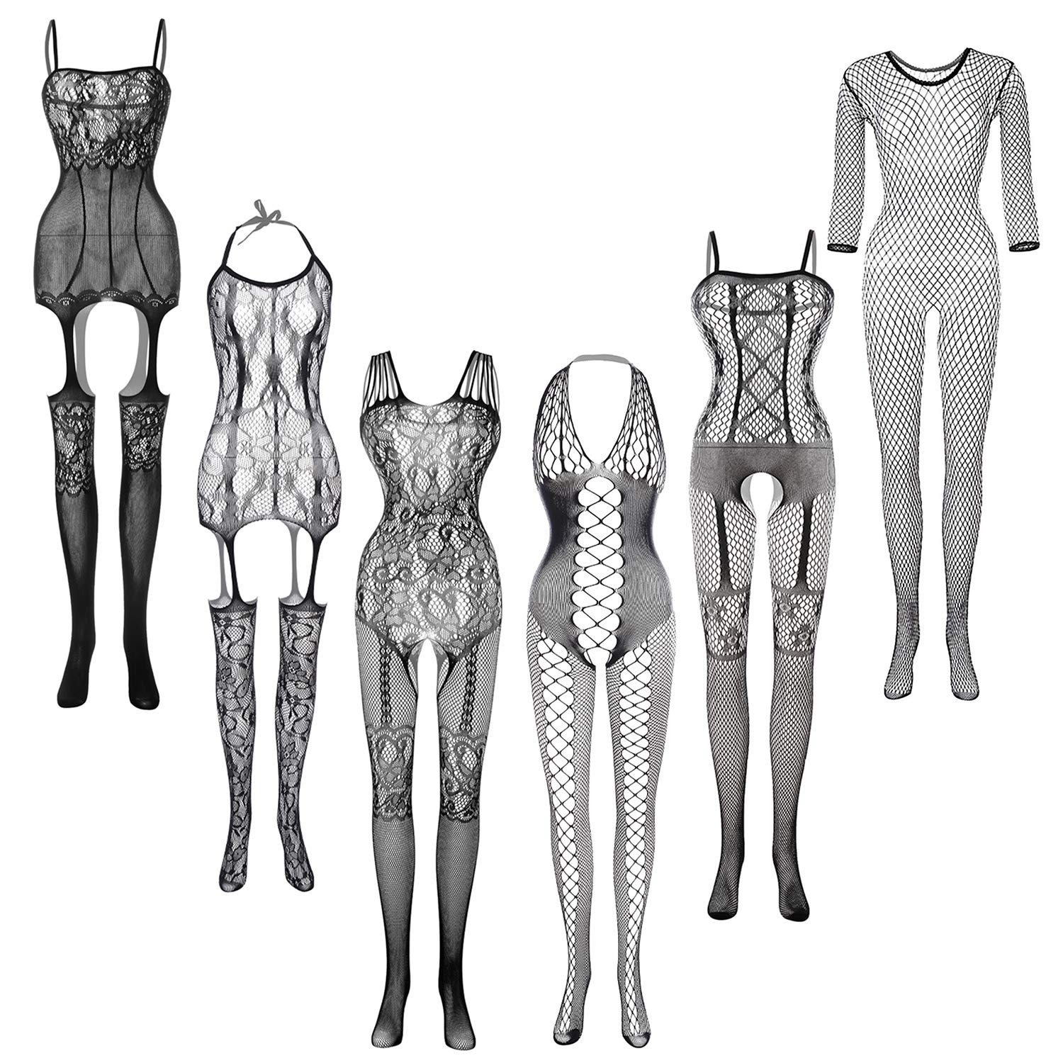 FEPITO 6-Pack Women's Fishnet Bodystocking Crotchless Bodysuit - Sexy Lingerie Tights for Women | Perfect for Valentine's Day, Boudoir Photography & Romantic Nights