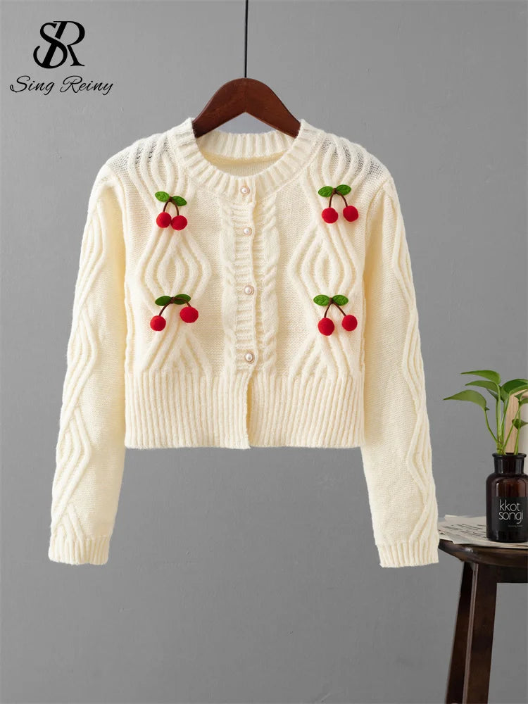 3D Cherry Print O-Neck Long Sleeve Pearl Button Knit Sweater for Women - Cozy Winter Pullover for Casual Wear & Office Outfits