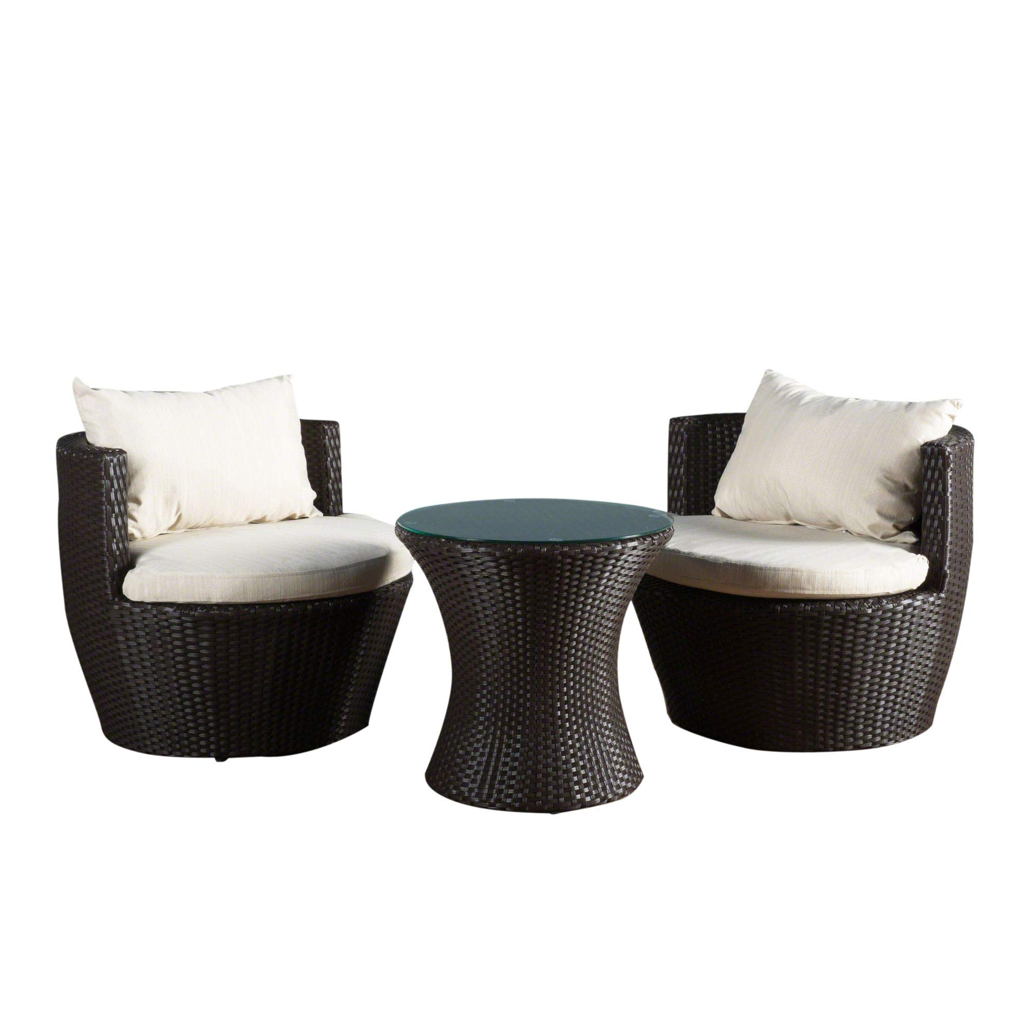 3-Piece Brown Wicker Outdoor Patio Furniture Set with Beige Cushions - Contemporary Rattan Sofa & Chairs for Garden, Poolside, or Backyard Relaxation