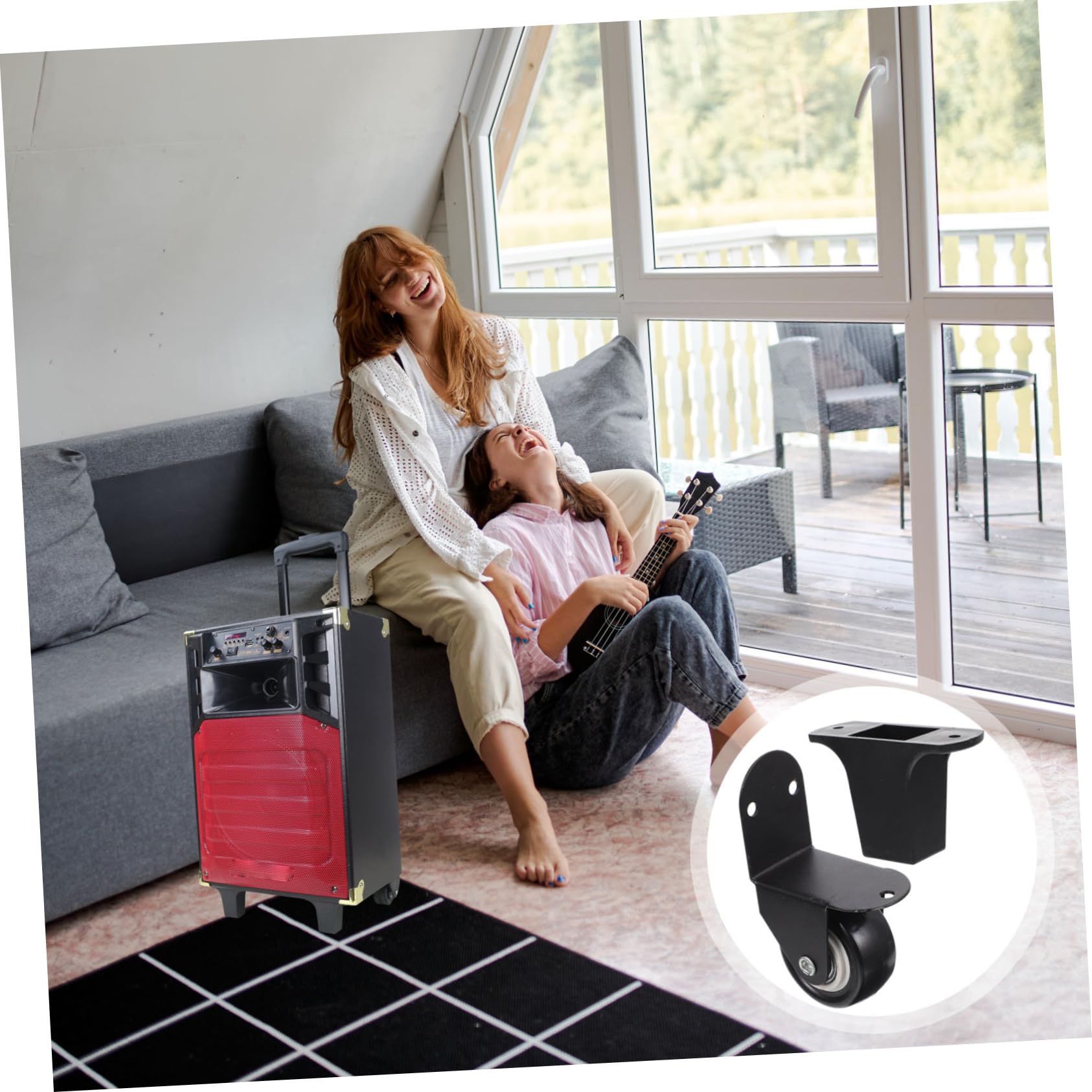 90 Degree Isolation Speaker Pads & Caster Wheels Set - 4 Wheels & 8 Mats for Outdoor Speakers - Perfect for Patio, Garden & Poolside Audio Setup