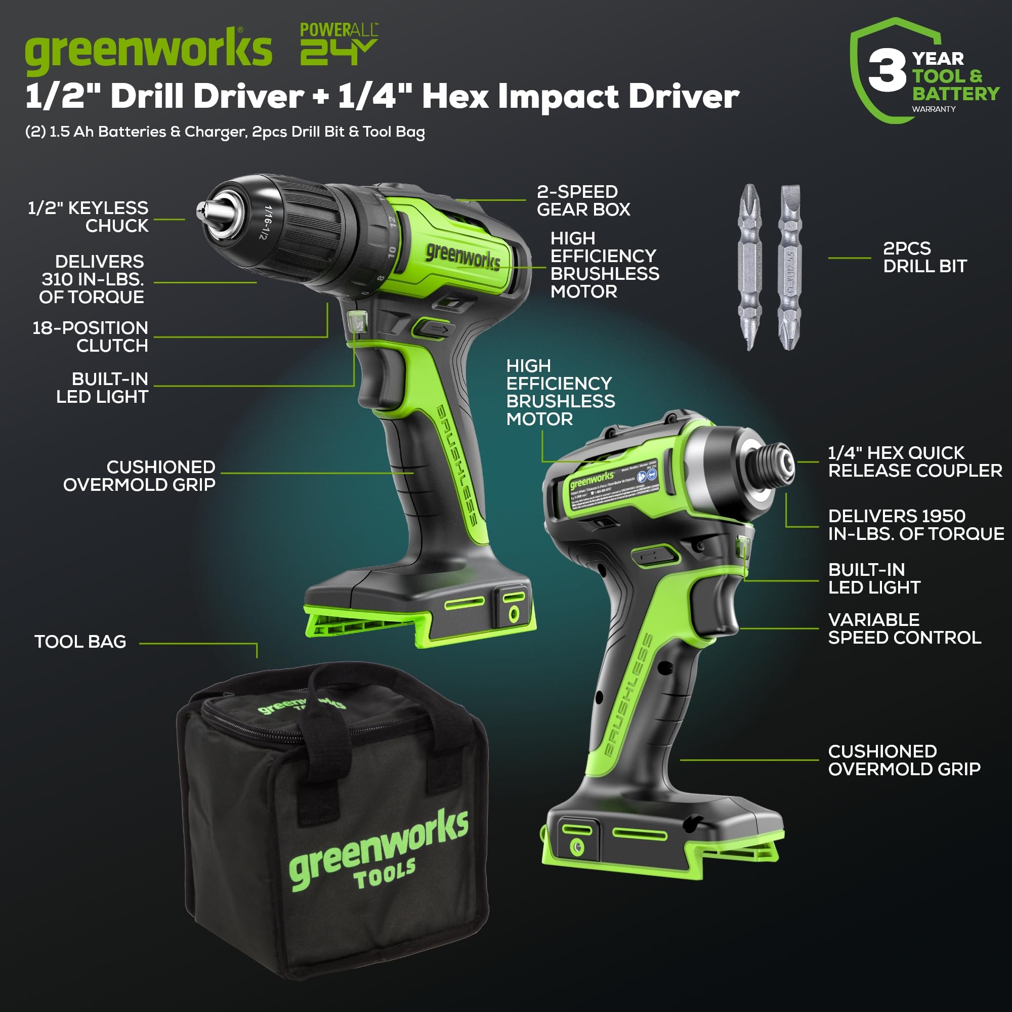 Greenworks 24V Brushless Cordless Drill and Impact Driver Combo Kit - 1/2