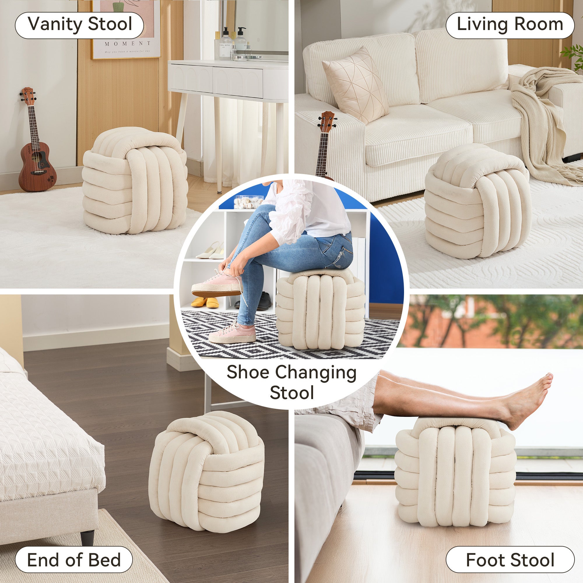 Modern Knot Design Chenille Fabric Ottoman Footstool - Comfortable & Stylish Makeup Stool for Living Room, Bedroom - Beige Home Decor Accent | Perfect for Lounging, Reading Nook & Vanity Seating