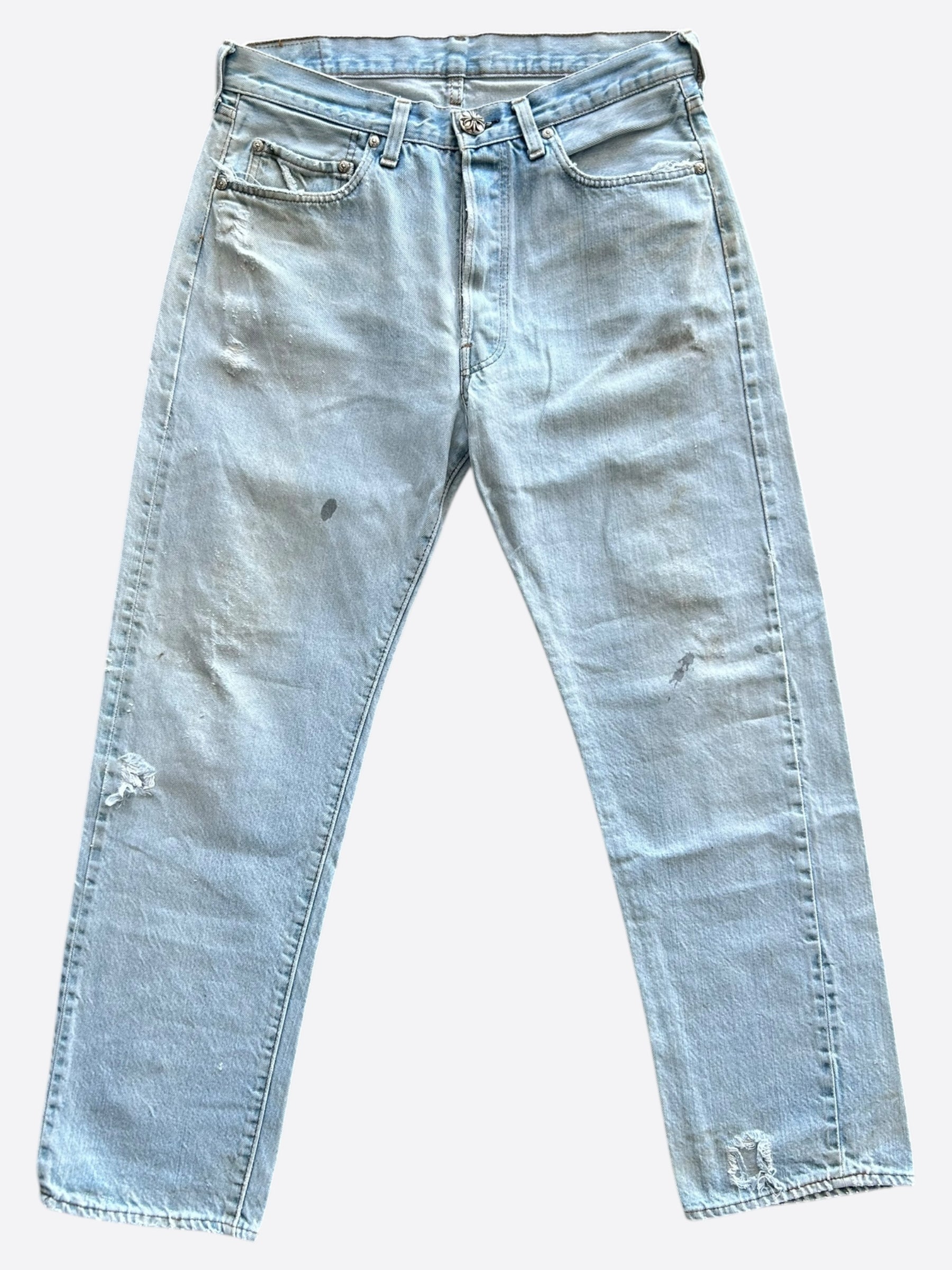 Chrome Hearts x Levi's Distressed Blue Jeans for Men - Vintage Denim Pants with Ripped Details - Perfect for Casual Wear and Street Style Outfits