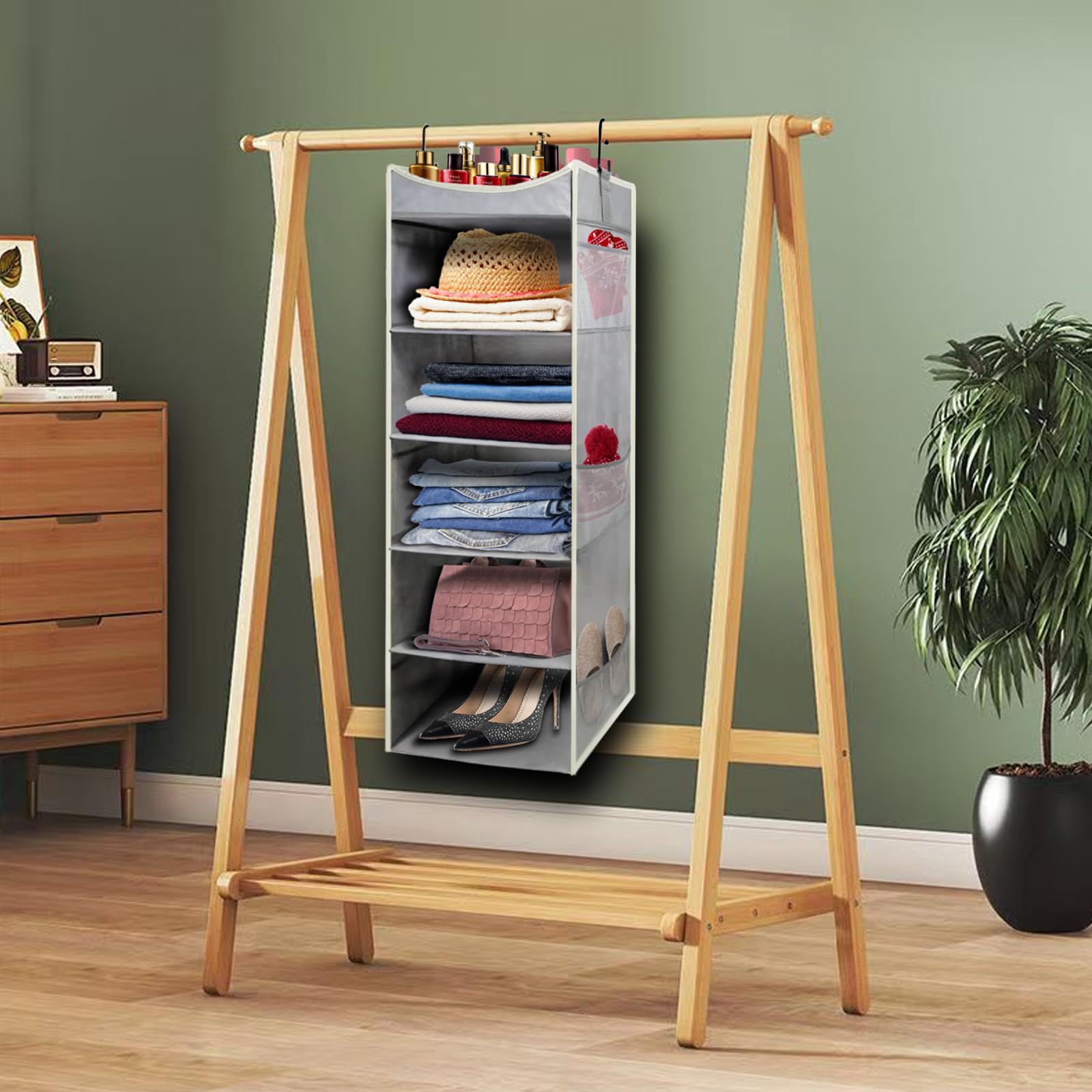 6-Tier Foldable Hanging Closet Organizer with 6 Side Pockets - Space Saving Storage for Clothes, Shoes, Hats & Toys (Grey) - Perfect for Bedroom, Closet & Dorm Organization