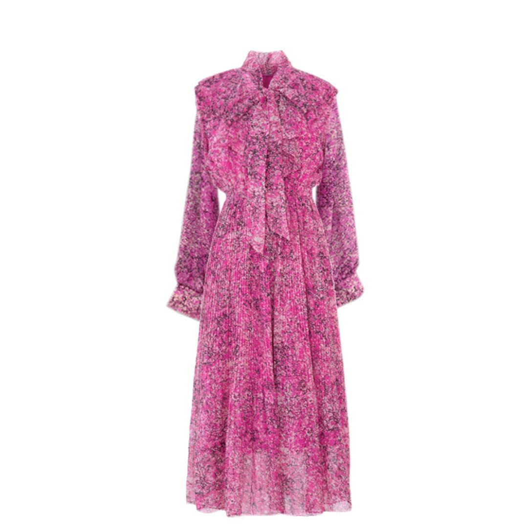 Ruffles Fuchsia Print Pleated Midi Long Dress for Women - Flowy A-Line Summer Dress for Beach, Wedding & Special Occasions