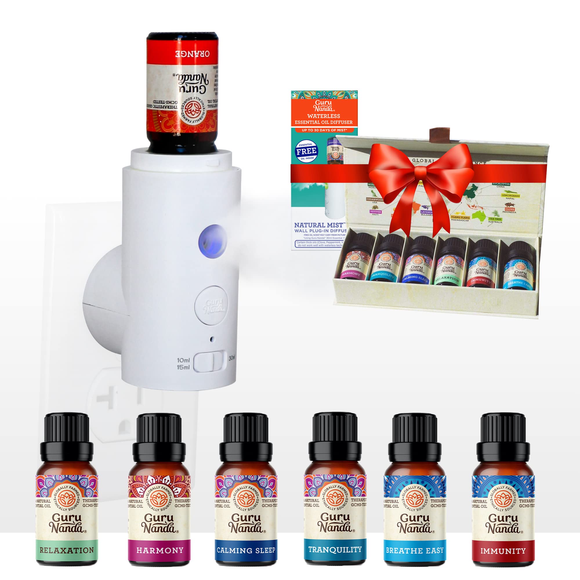 Guru Nanda Therapeutic Grade Essential Oil Blends Set of 6 - 100% Pure Natural Aromatherapy Oils for Diffusers, Topical Use & Massage | Includes Free Waterless Essential Oil Diffuser | Perfect for Relaxation, Stress Relief & Home Fragrance