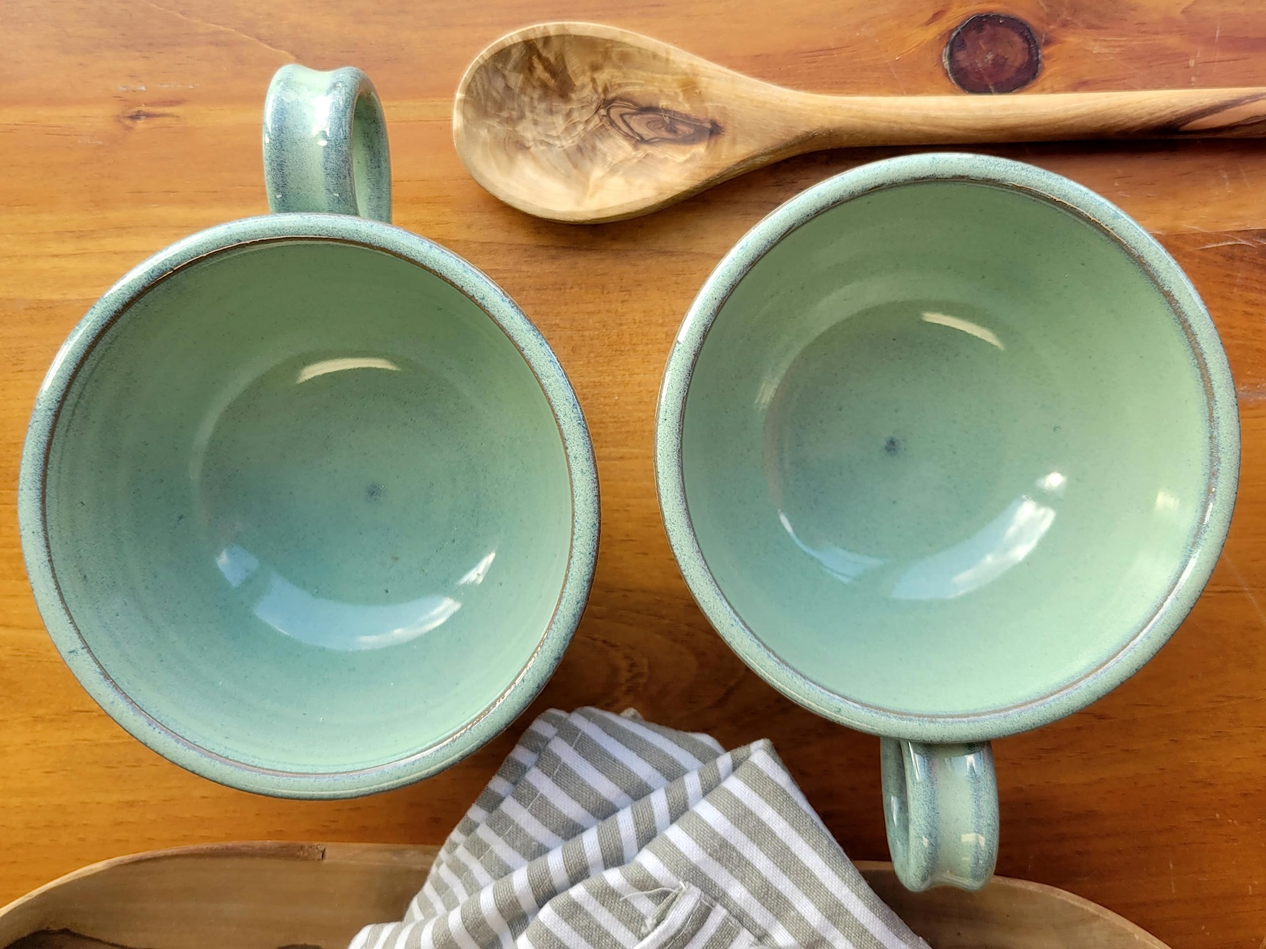 Farmhouse Style Soup Bowls with Handles - Set of 2 Deep Large Ceramic Bowls for Chowder, Stew & Soup - Handmade Pottery Kitchen Decor (Green) - Perfect for Rustic Dining, Soup Parties & Cozy Kitchen Decor