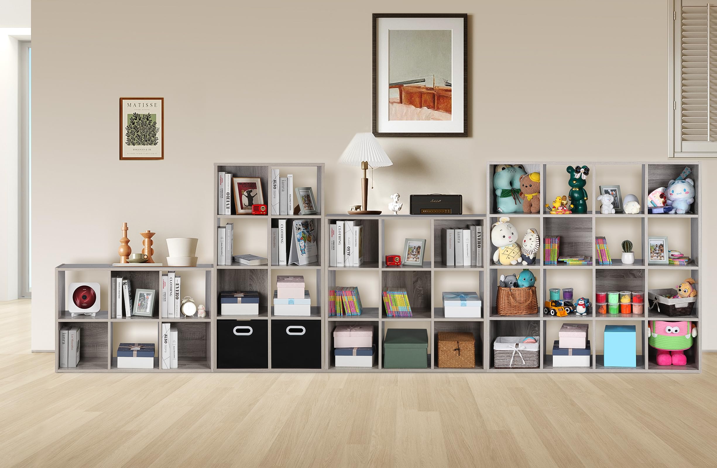 9-Cube Storage Organizer Bookshelf - Modular Shelf Unit for Closet, Living Room, Bedroom & Office - Space-Saving Oak Grey Cabinet with Storage Cubes - Perfect for Organizing Books, Toys, Shoes & Home Decor