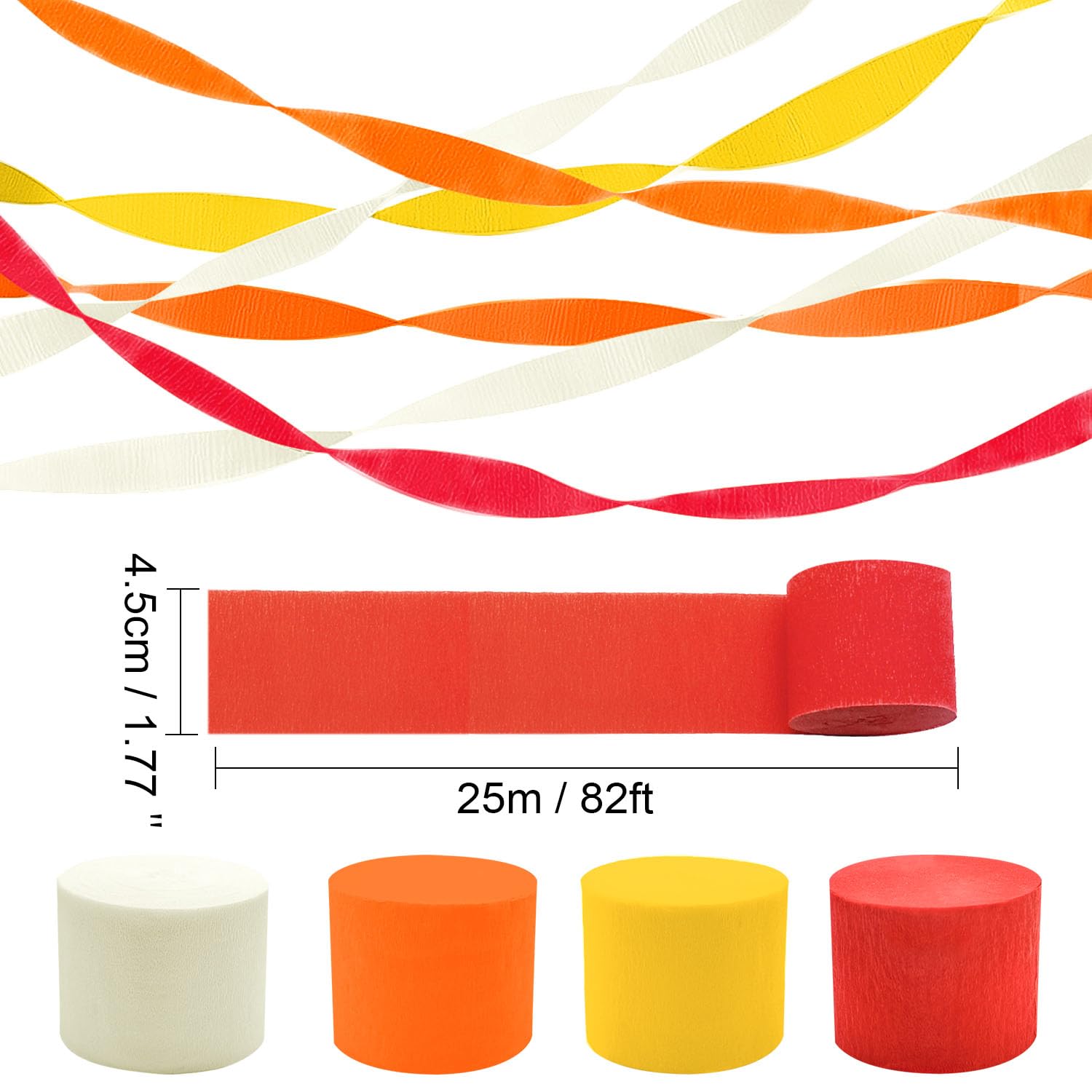 PheiLa Fall Party Supplies - 4 Rolls Crepe Paper Streamers (Yellow, Beige, Orange, Red) for Backdrop Decorations - 1.77 Inch x 82 Ft per Roll (Total 328ft) - Perfect for Fall Weddings, Birthday Parties, Baby Showers & Thanksgiving Crafts