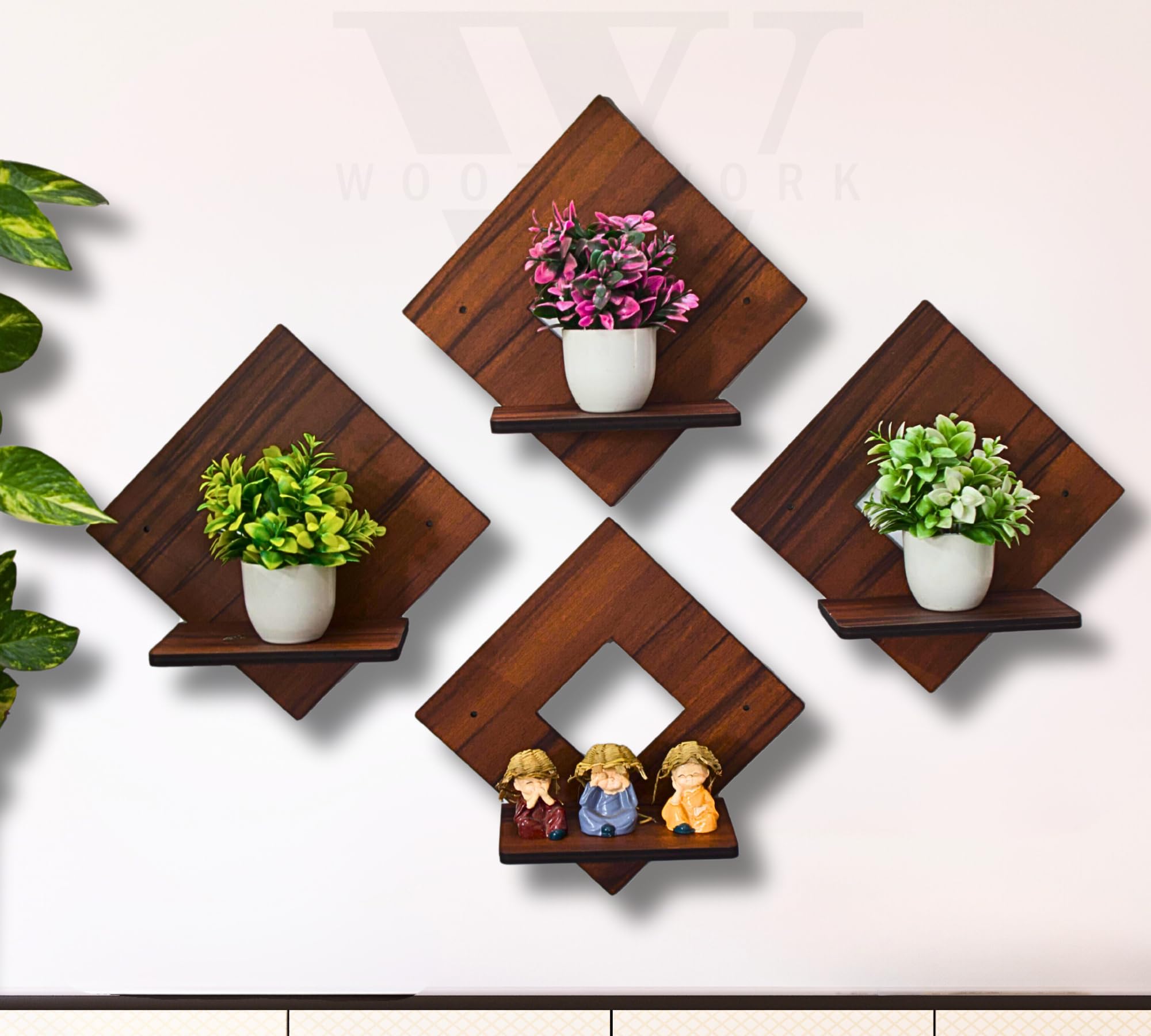 Woozy Work Solid Wood Wall Shelf - Stylish Hanging Shelves for Home & Office Decor - Engineered Wood Wall Storage Display - Perfect for Living Room, Bedroom or Office Organization (Style 3, Brown)