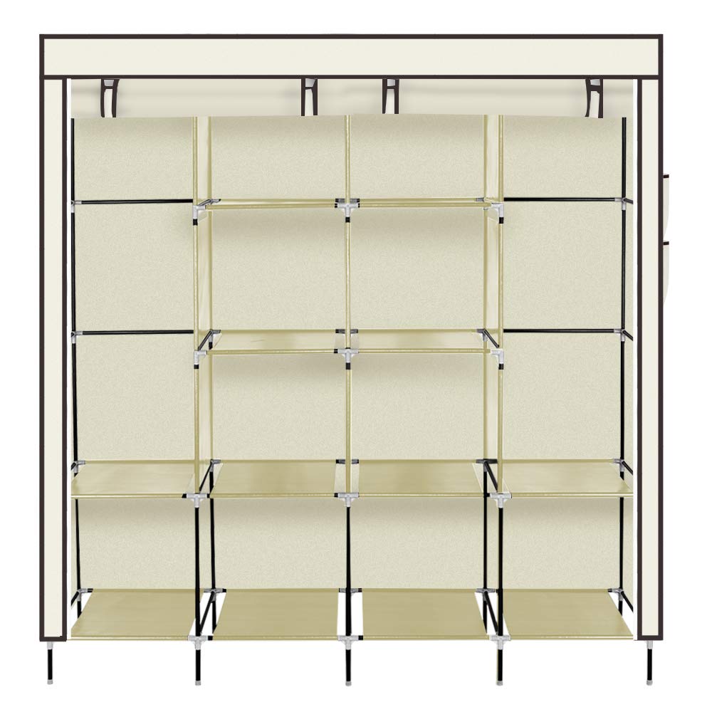 Bysesion GT2-XJ 67 Inch Portable Wardrobe Closet with 12 Shelves & 4 Side Pockets - Foldable Clothes Storage Organizer for Bedroom, Dorm, Apartment - Beige