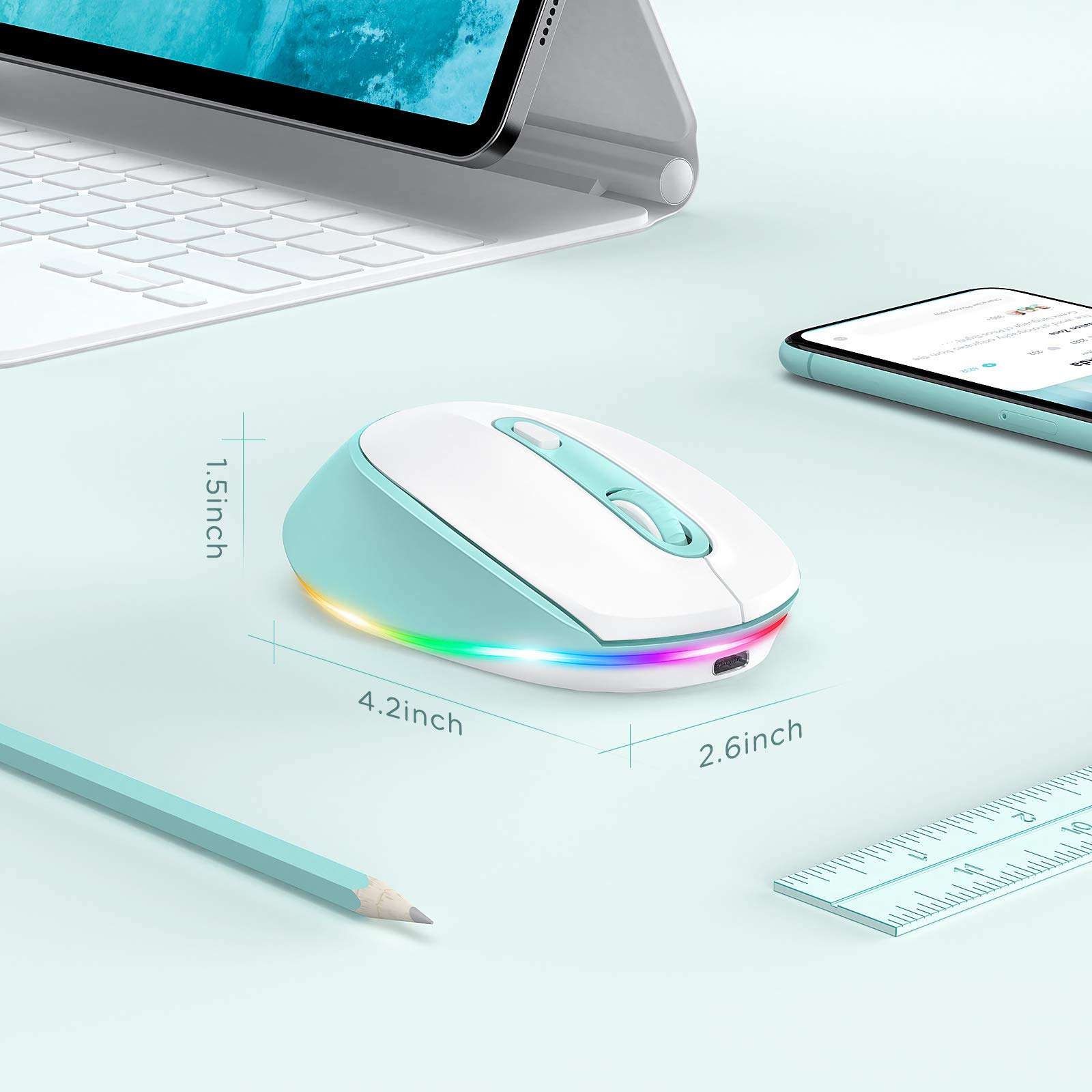 Seenda Wireless Rechargeable Mouse with LED Rainbow Lights - Quiet Click Cordless Mouse for Laptop, PC, Chromebook, Mac (Windows/Mac Compatible) - Perfect for Office Work, Gaming & Kids Use - Mint Green