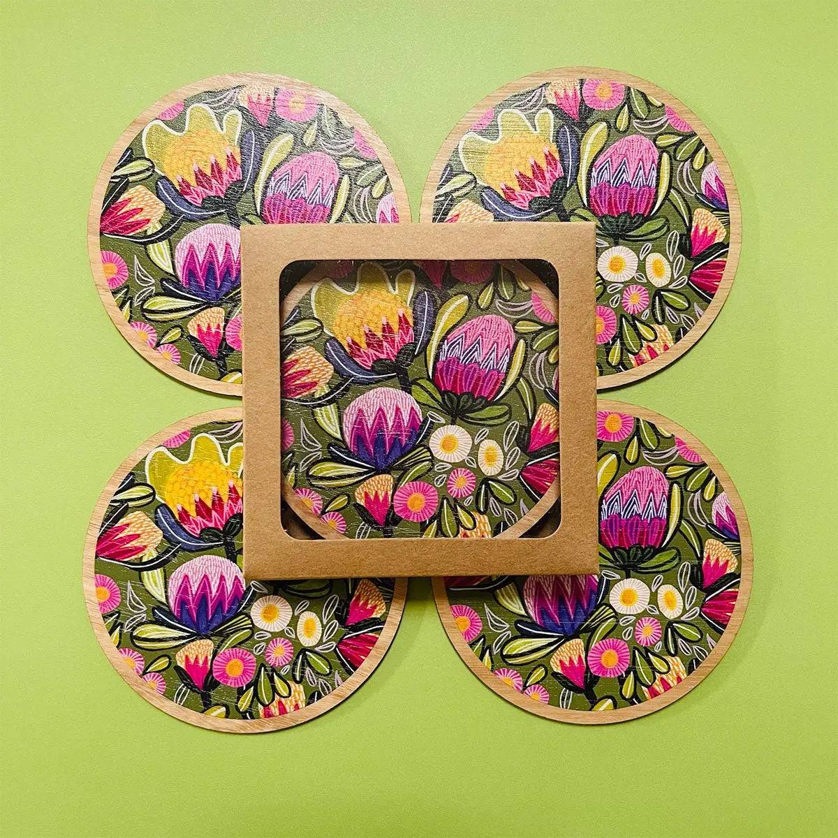 Premium Sugarbush Proteas Wooden Coaster Set with Napkins - Elegant Table Decor for Dining, Coffee Tables, and Home Entertaining