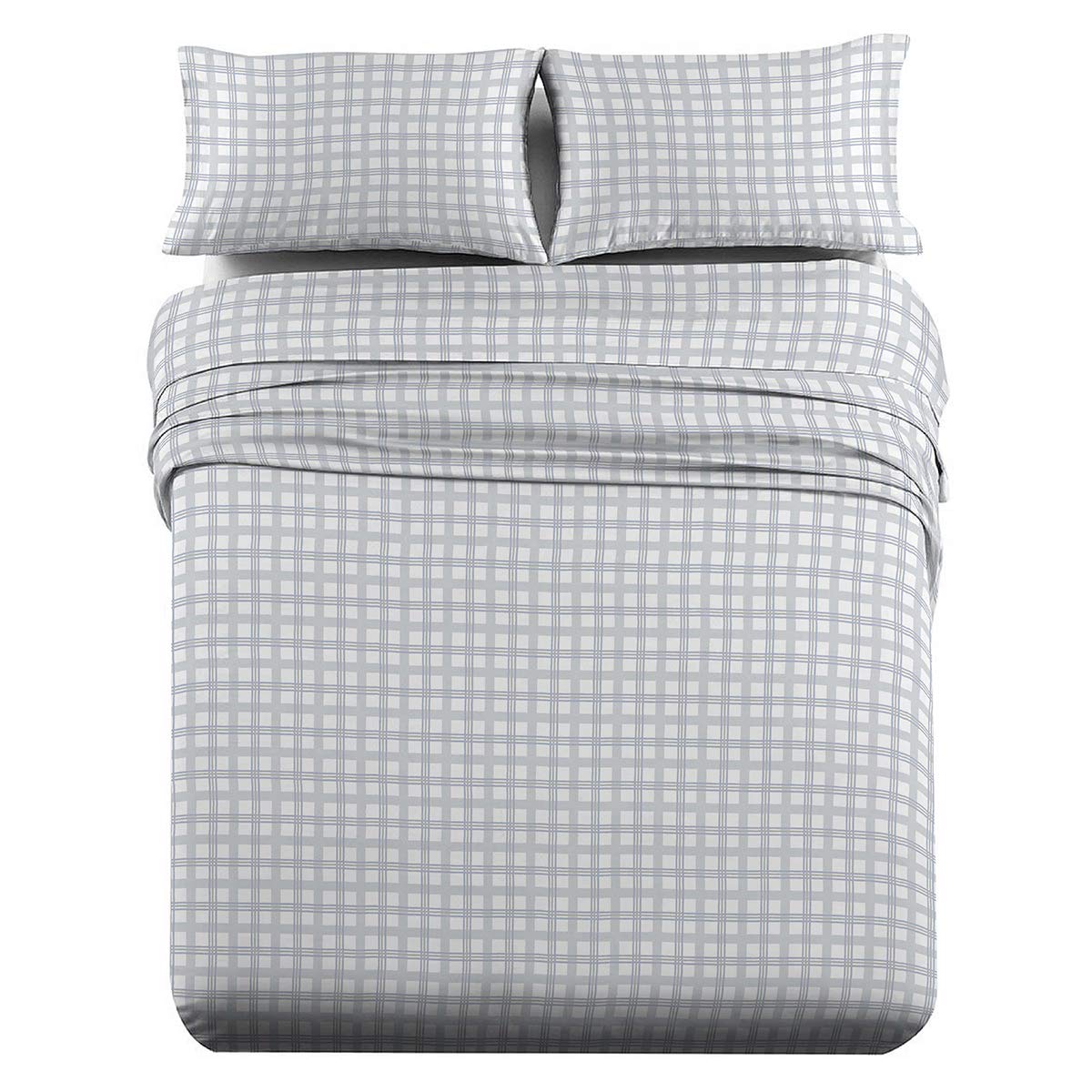 Royal Tradition Heavyweight Flannel 100% Cotton King Size 4-Piece Bed Sheet Set - Soft Grey Checkered Print (170 GSM) for Cozy Winter Nights & Cold Weather Comfort
