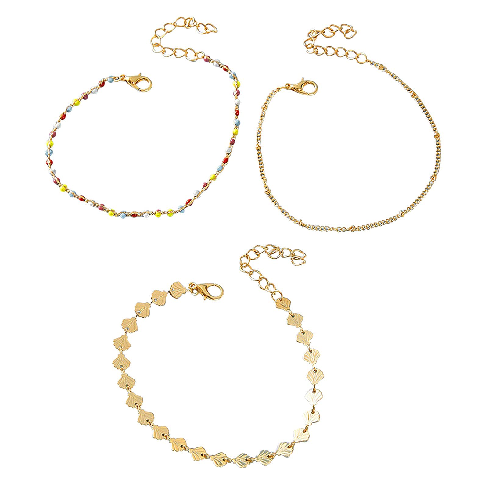Bohemian Beaded Anklet Set - 3 Adjustable Anklets with Scallop Shell Charms & 2 Matching Rings, Boho Chic Jewelry for Women, Perfect for Beach Vacations, Music Festivals & Summer Outfits
