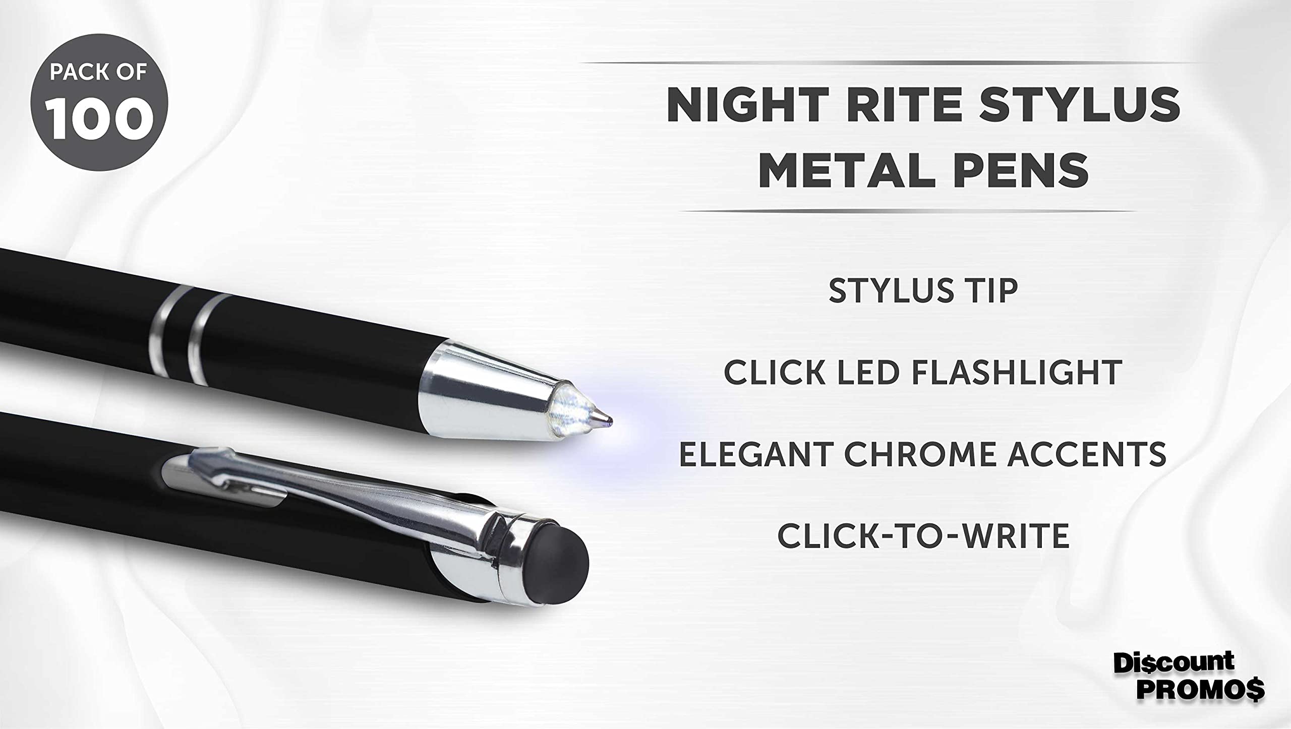 100 Pack Night Rite Stylus Metal Pens with Custom Text & Logo - LED Light, Twist Action Black Ink Pens - Perfect for Business Gifts, Trade Shows & Office Use