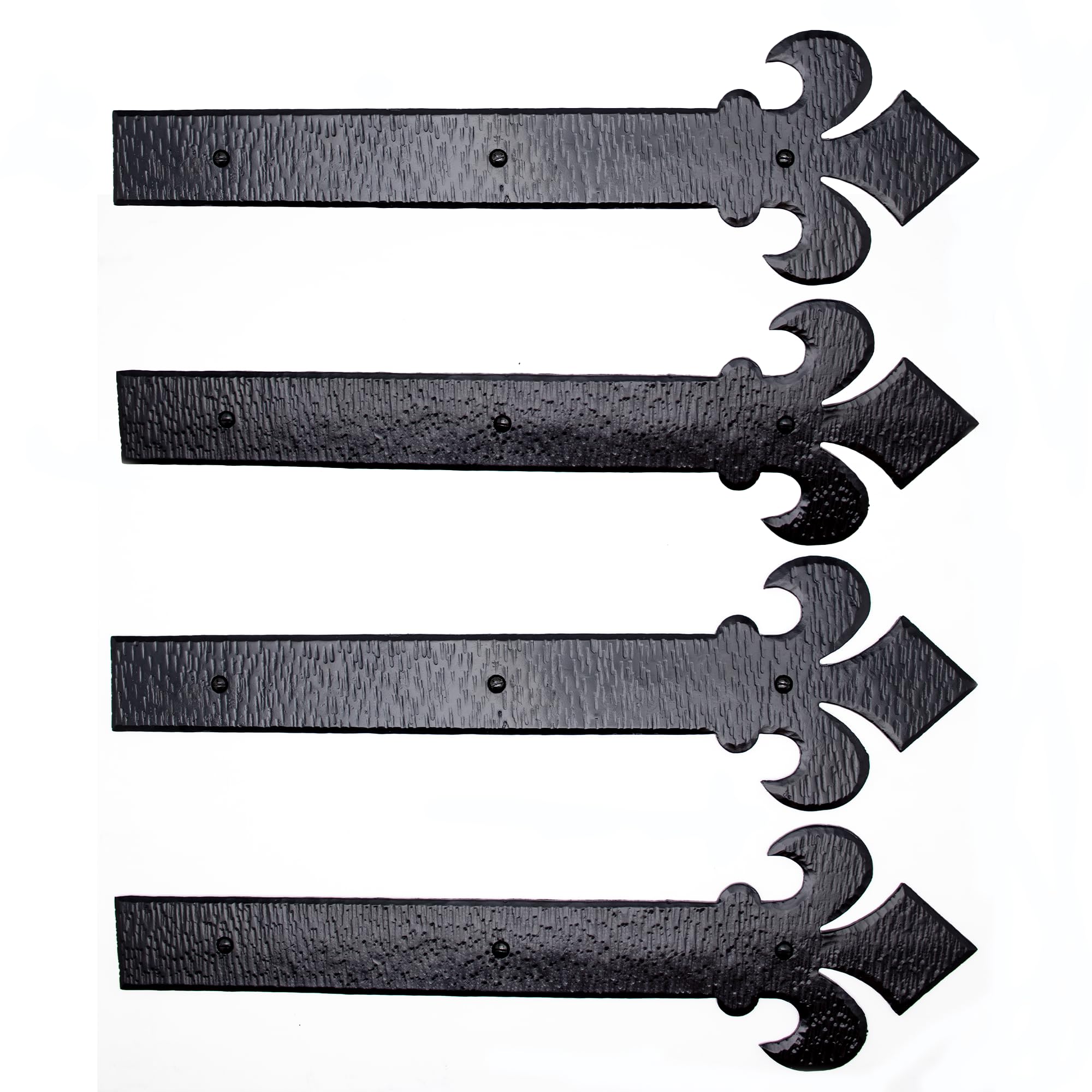 4 Pack 16 Inch Black Faux Strap Hinges - Hand Forged Decorative Hinges for Farmhouse, Barn & Castle Doors - Rustic Iron Hardware for Shutters, Gates & Carriage Doors - Fleur De Lis Series - Perfect for Vintage Home Decor & DIY Projects