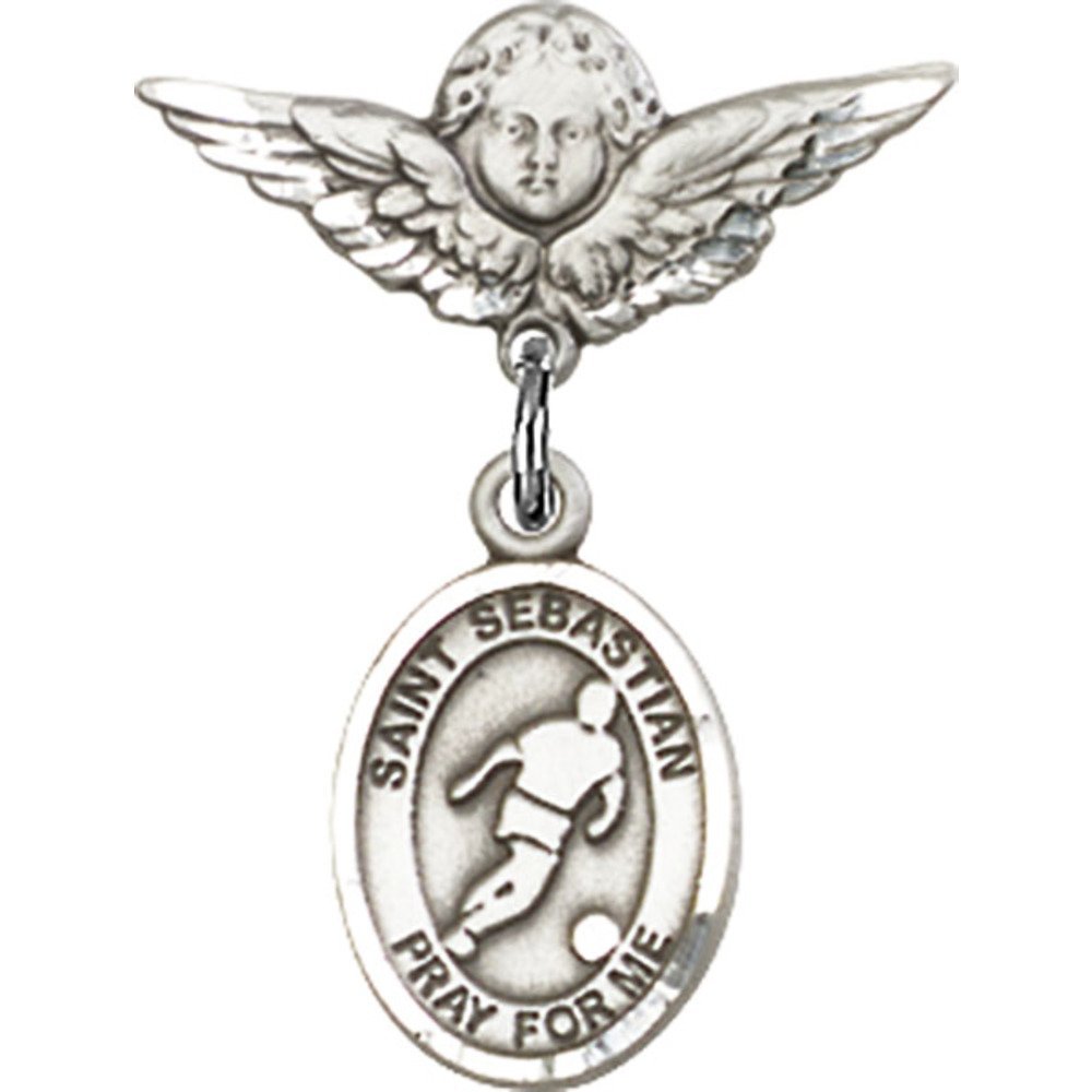 Sterling Silver Baby Badge with St. Sebastian and Soccer Charm - Angel Wing Pin (7/8