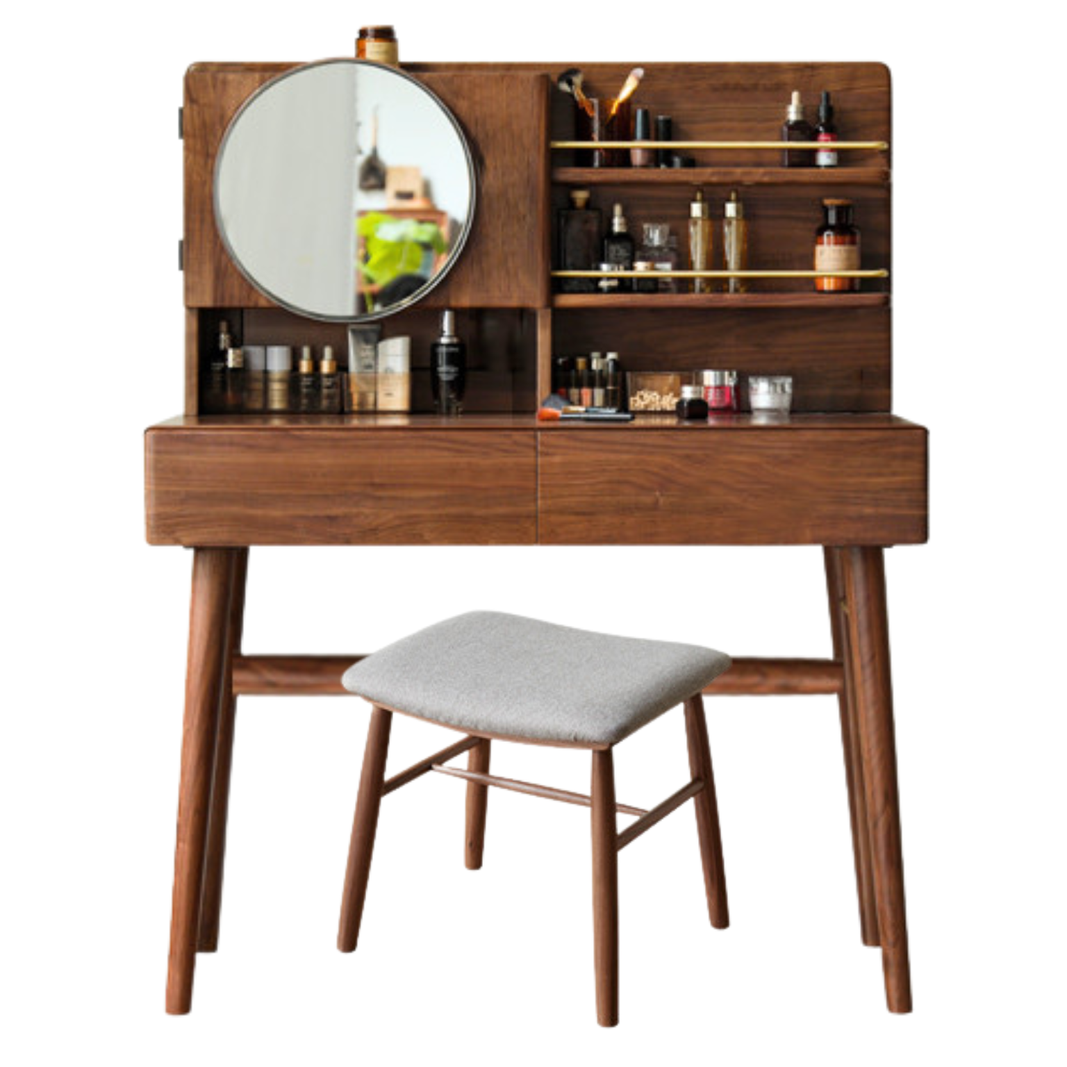 Black Walnut Solid Wood Moon Makeup Mirror Vanity Dressing Table - Elegant Bedroom & Bathroom Decor for Women