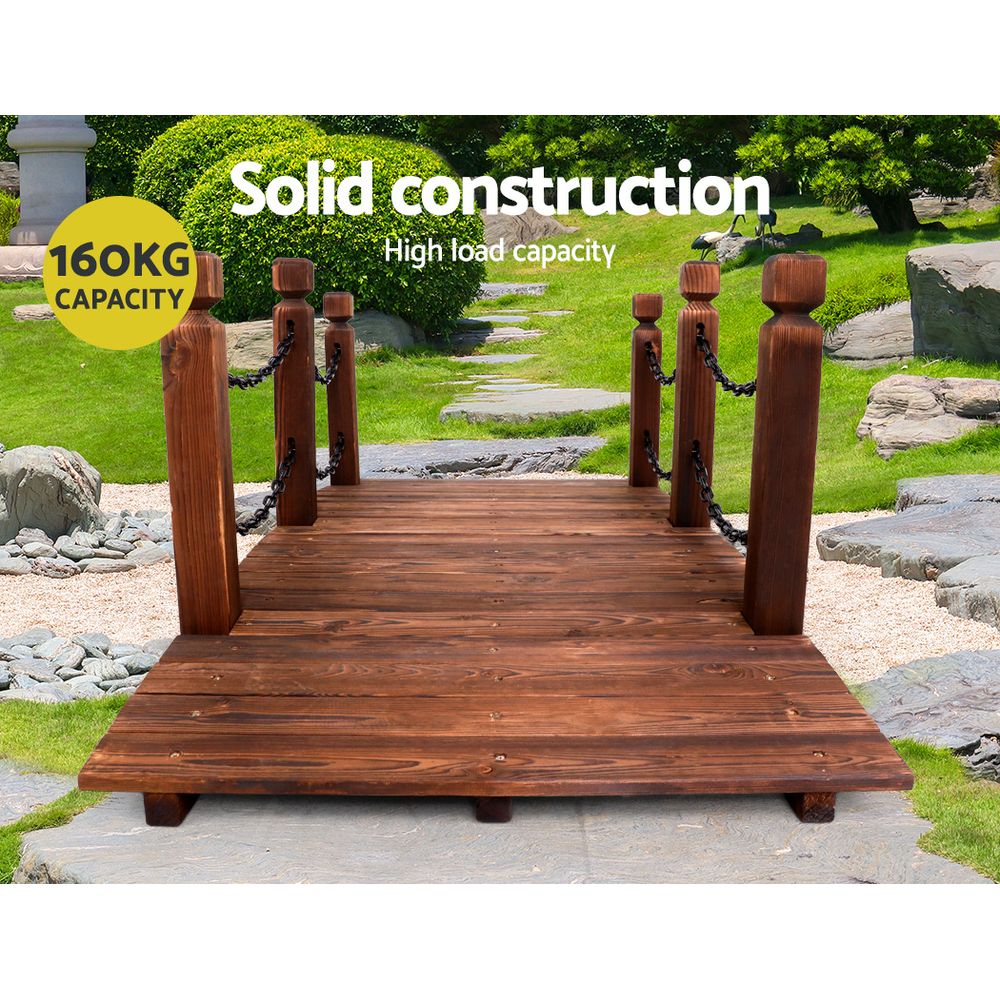 160cm Wooden Garden Bridge with Chain - Rustic Outdoor Decor for Pathways, Ponds & Landscaping - Perfect for Backyard, Patio & Garden Design
