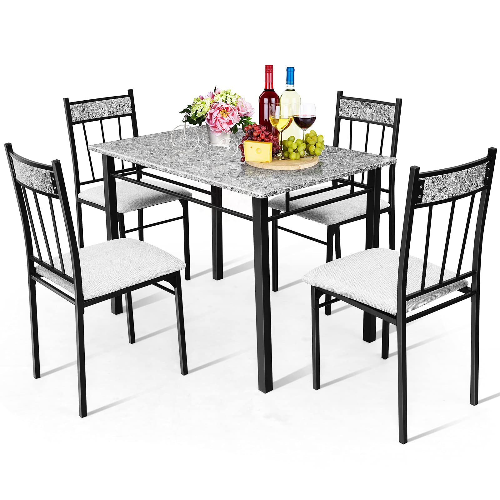 Tangkula 5-Piece Dining Table Set for 4 - Metal Frame with Padded Seats & Faux Marble Tabletop in Black & Grey - Perfect for Kitchen, Dining Room, Breakfast Nook or Small Space Dining