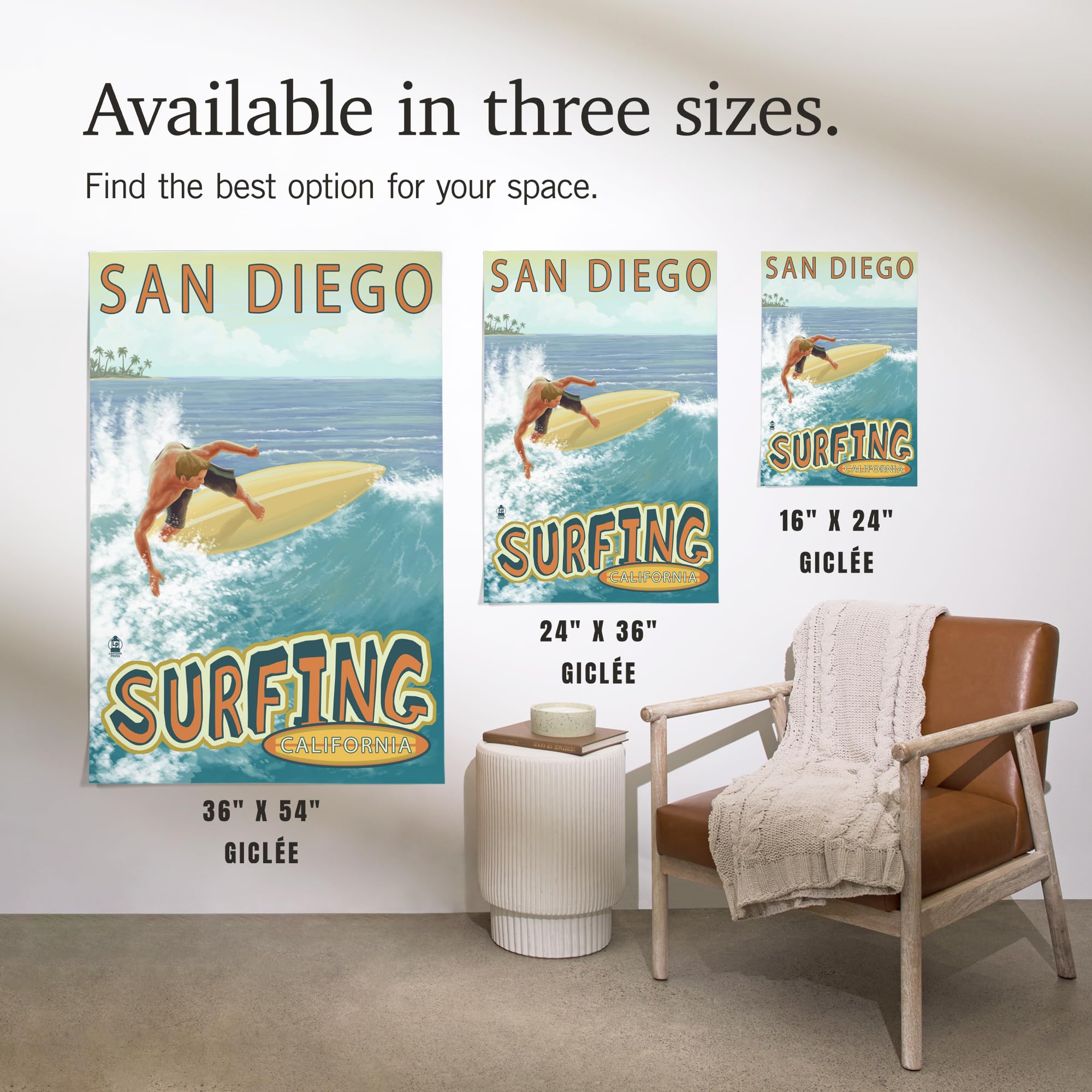 Lantern Press 16x24 Inch Giclee Art Print - San Diego California Coastal Surfing Tropical Wall Decor | Perfect for Beach House, Living Room & Office Decor
