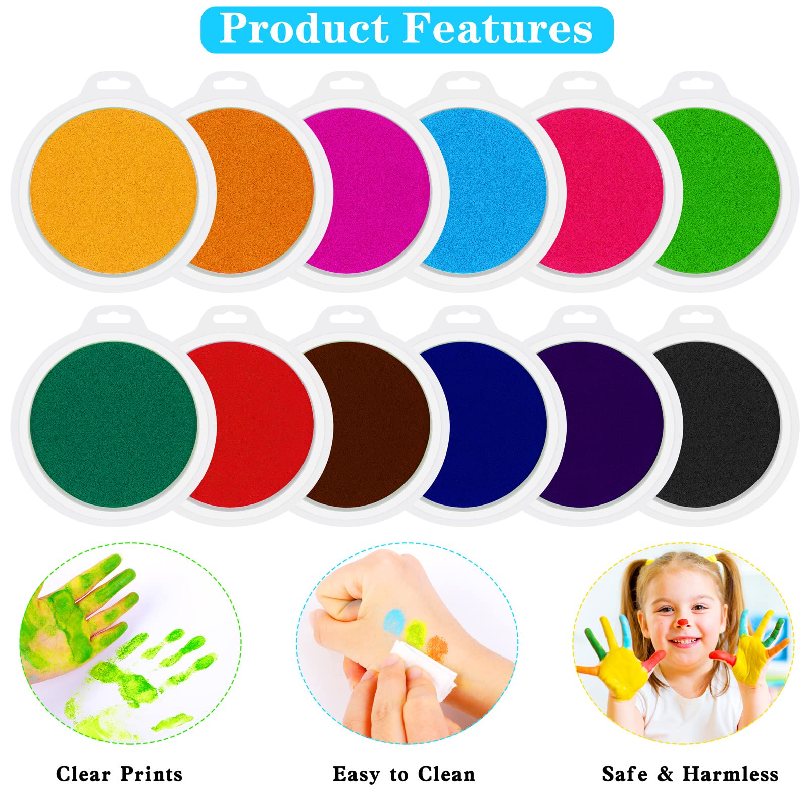 12 Pack Large Round Craft Ink Pad - 12 Colors Rainbow Washable Ink for DIY Fingerprint Art, Card Making, Scrapbooking & Rubber Stamps | Perfect for Kids Crafts, School Projects & Creative Partner Activities
